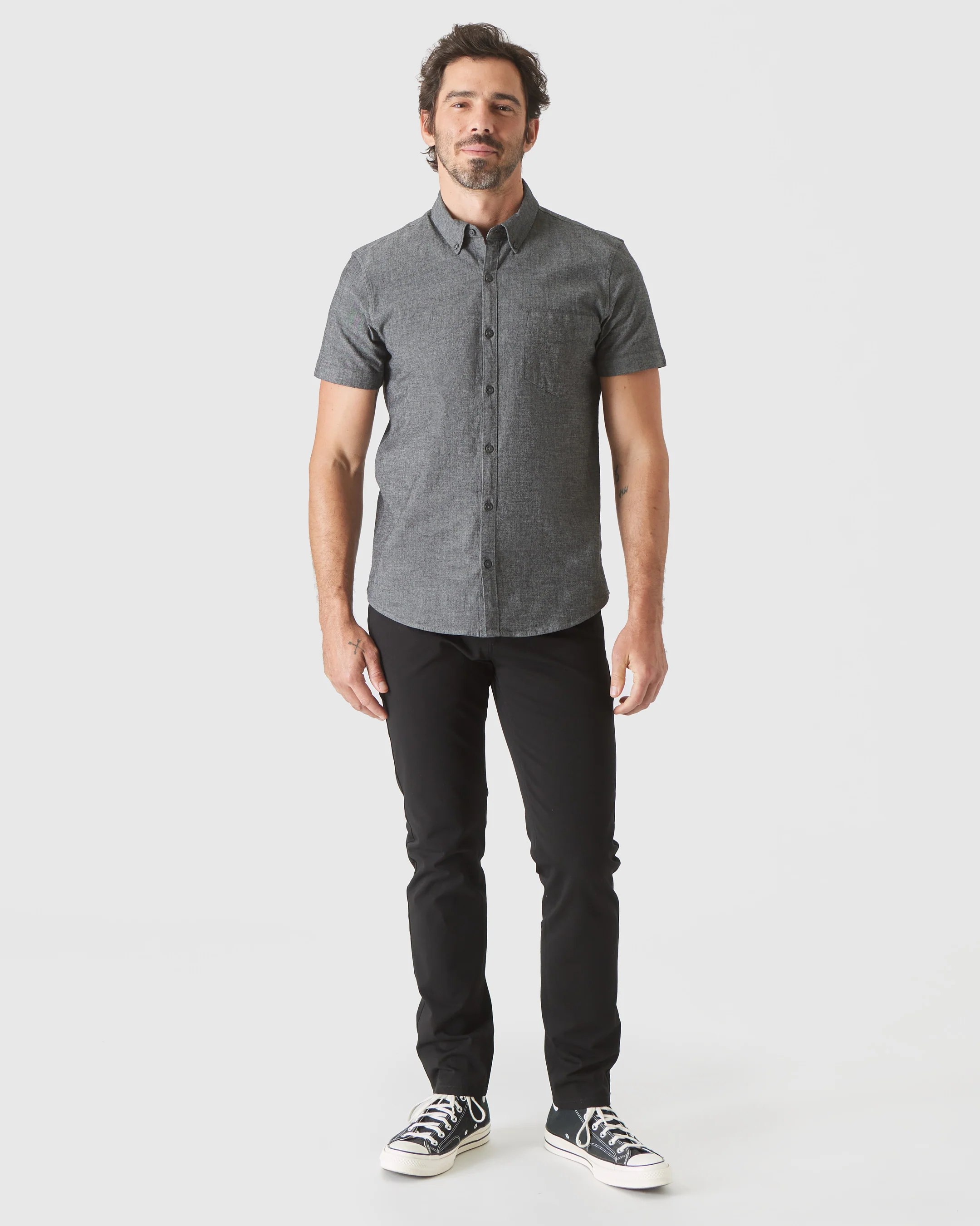 Black Wash Short Sleeve Stretch Chambray Shirt - Image 6