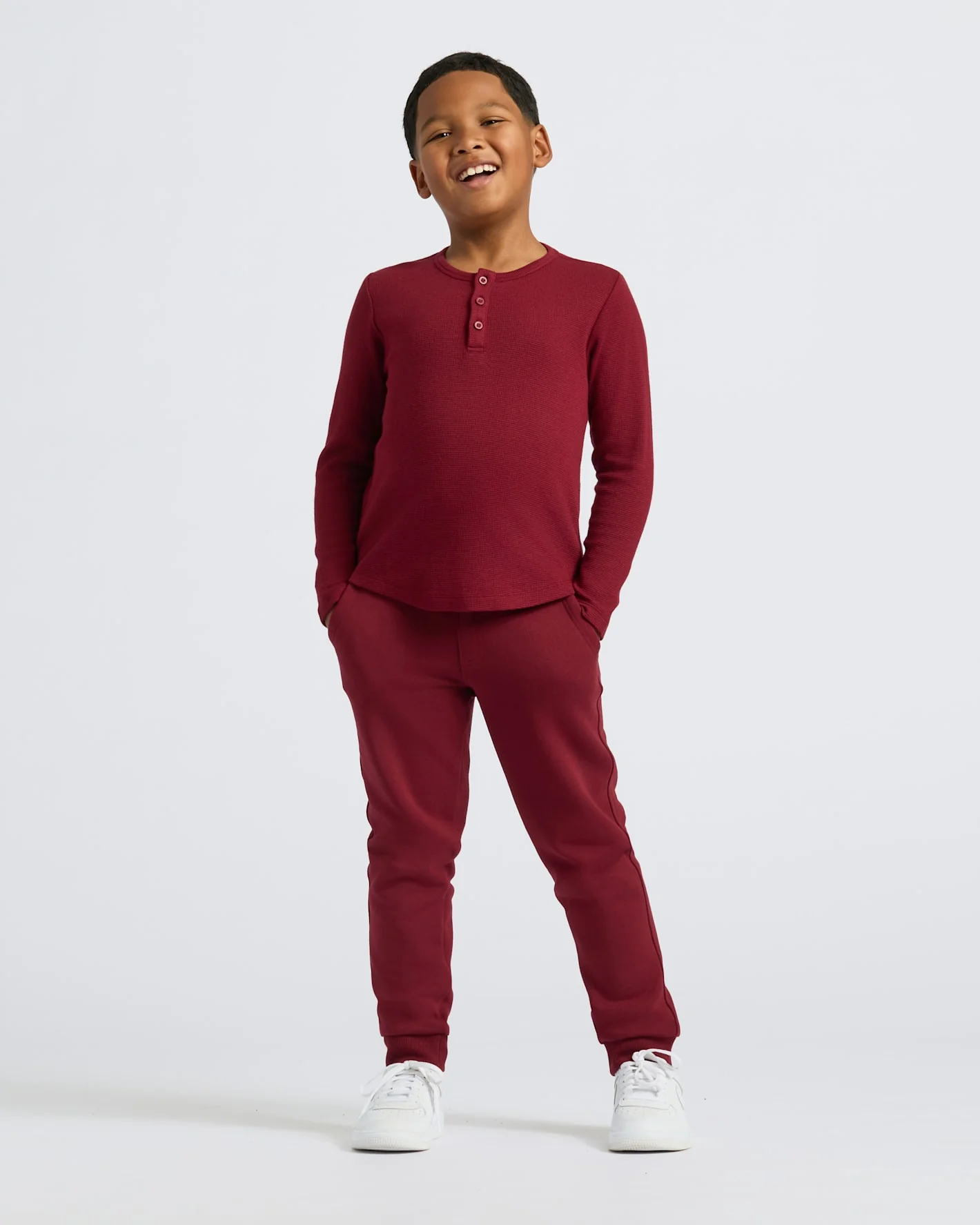 Boys' Dark Maroon Long Sleeve Waffle Henley - Image 3