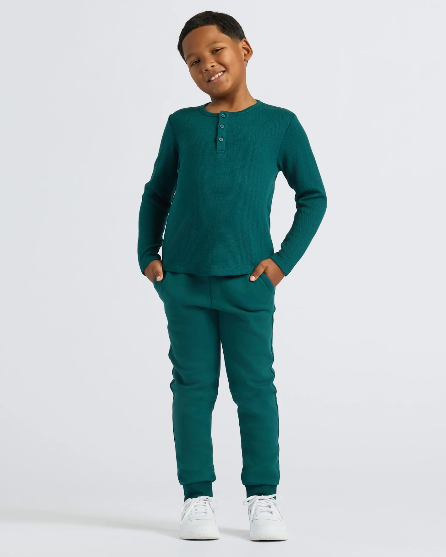 Boys Deep Emerald Long Sleeve Waffle Henley - Image 3