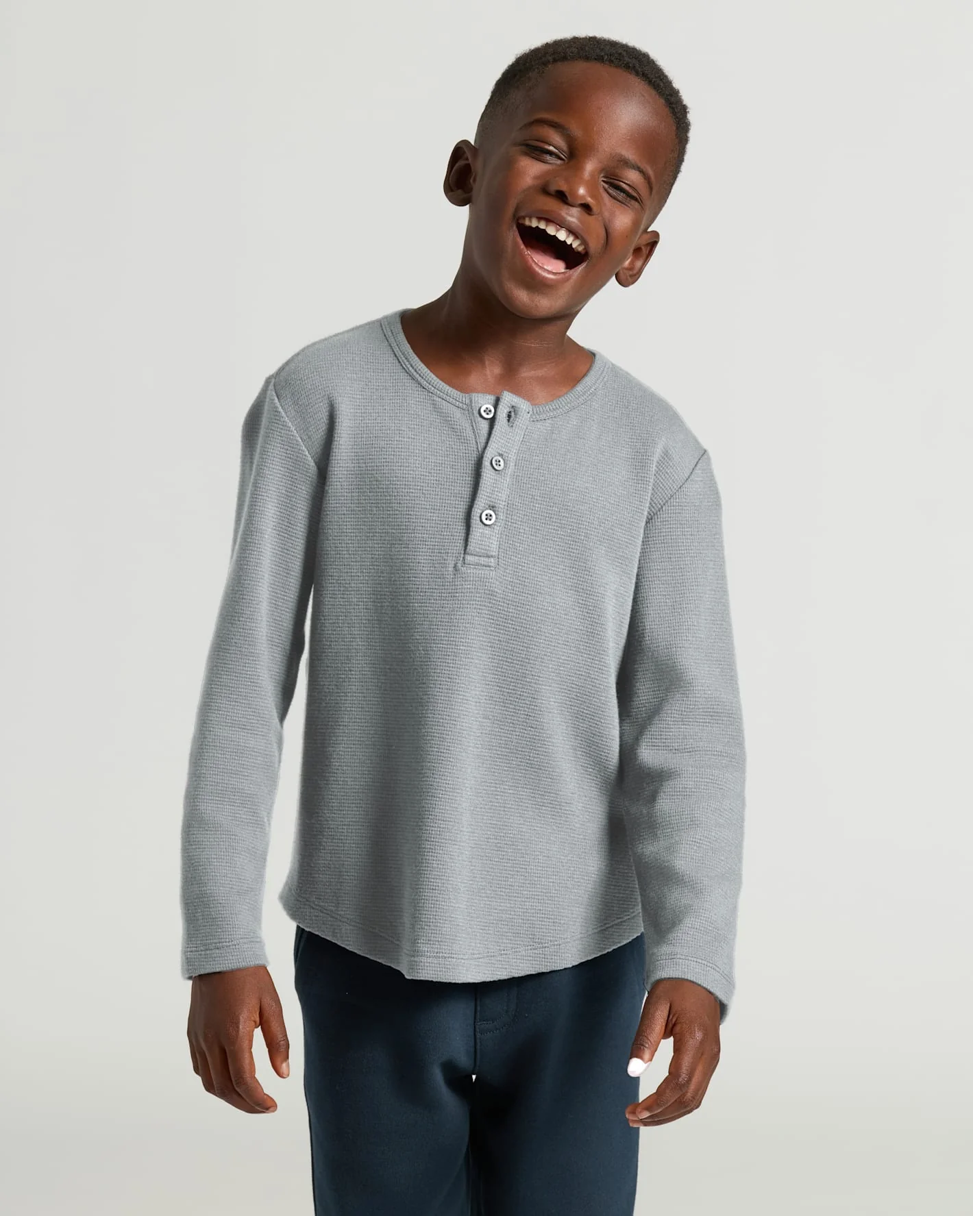 Boys Heather Gray Long Sleeve Waffle Henley - Image 5