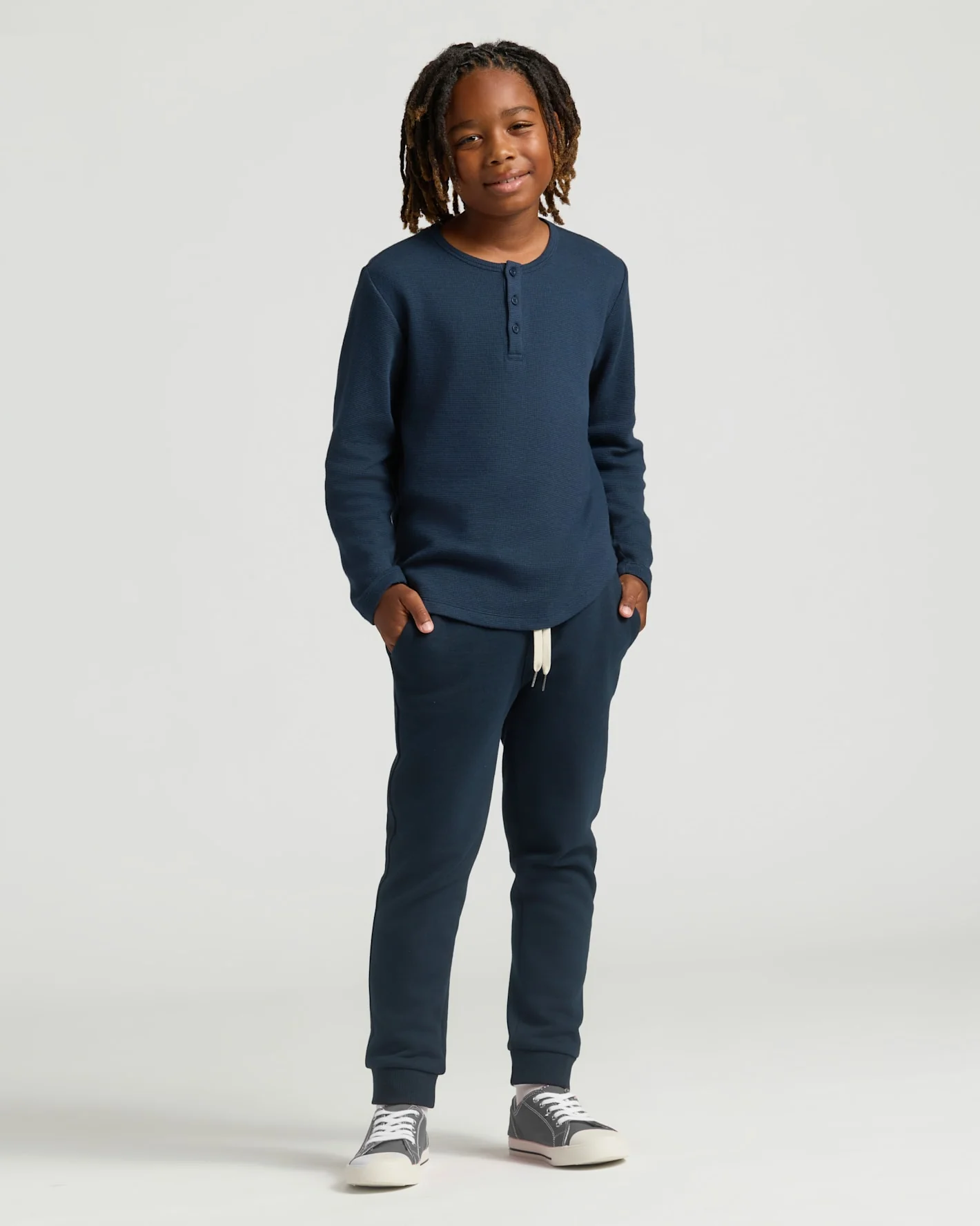 Boys Navy Long Sleeve Waffle Henley - Image 3