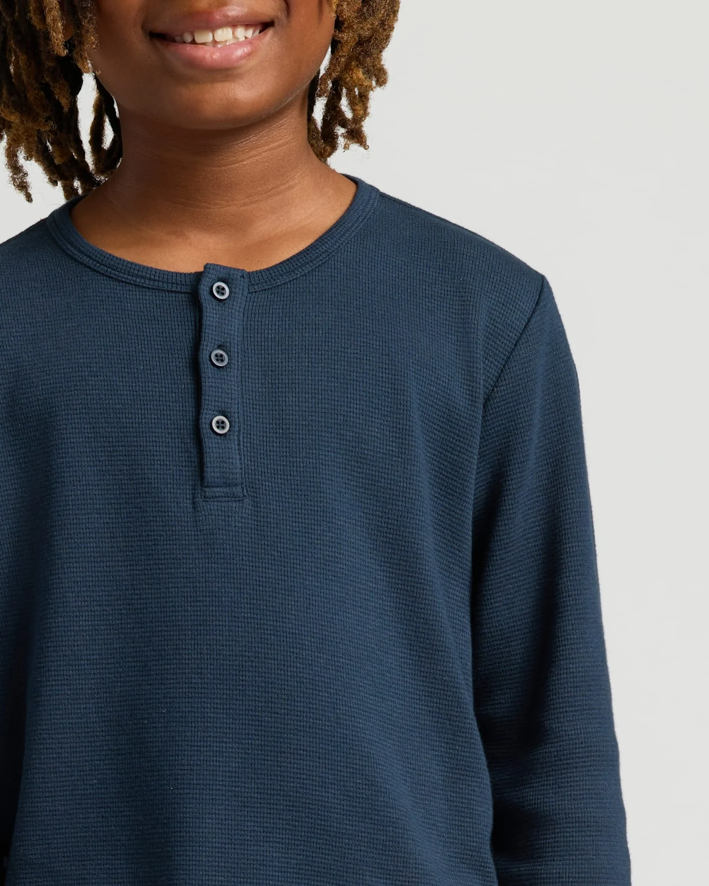 Boys Navy Long Sleeve Waffle Henley - Image 5