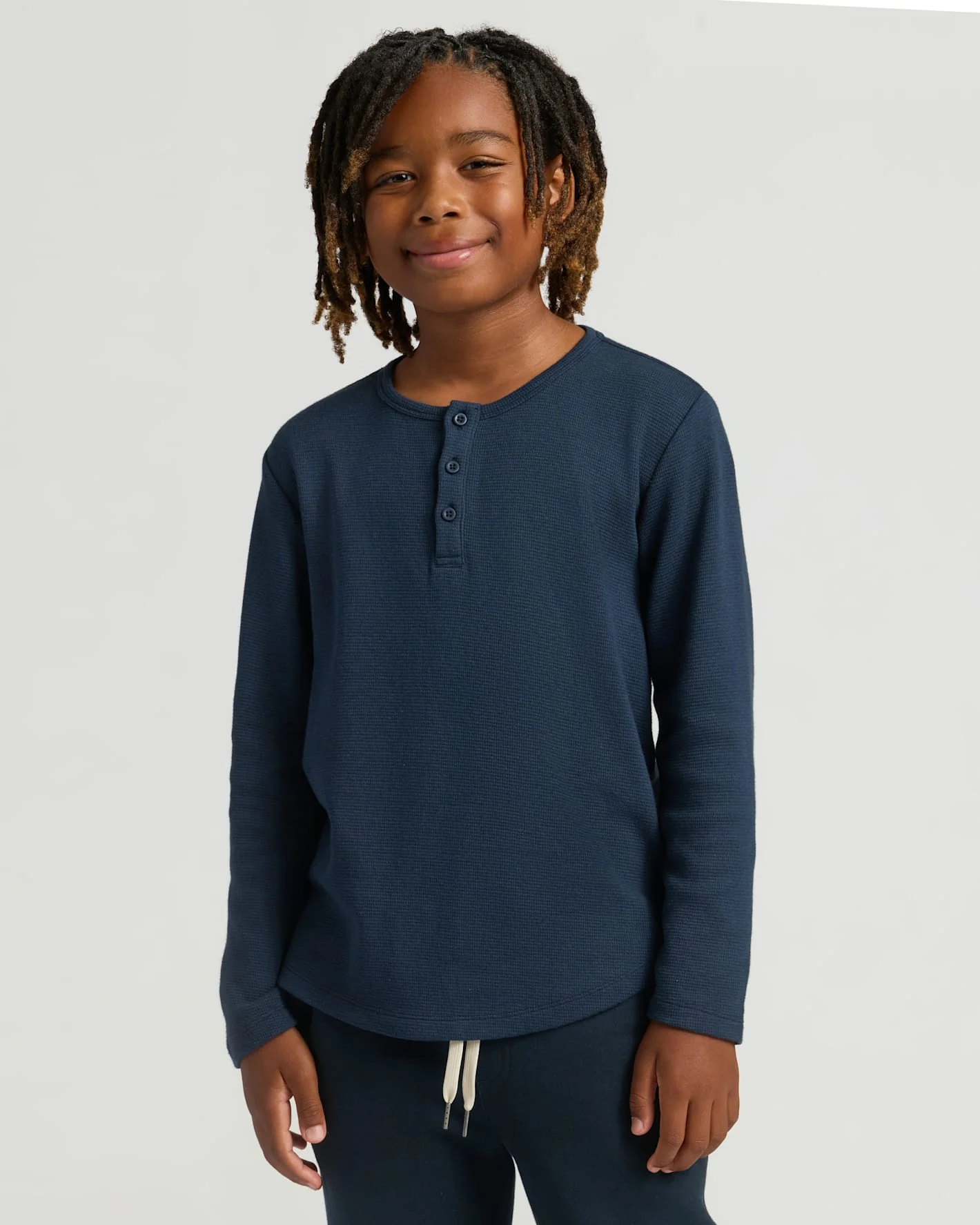 Boys Navy Long Sleeve Waffle Henley - Image 6