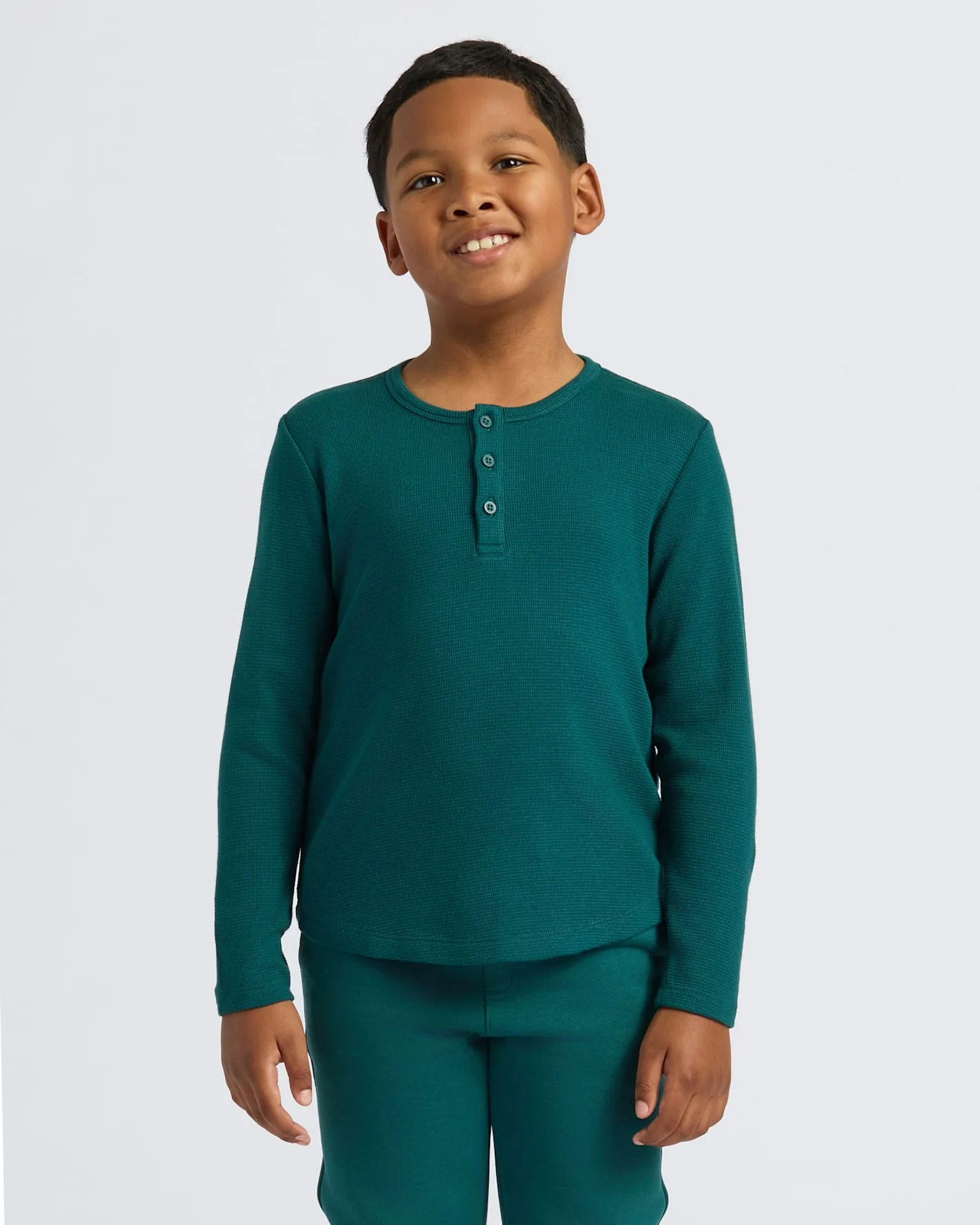 Boys Deep Emerald Long Sleeve Waffle Henley