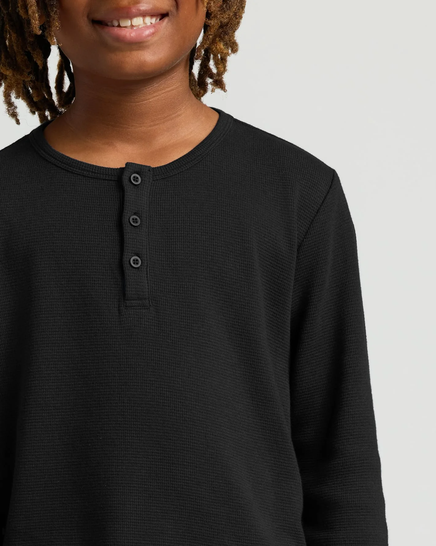 Boys Black Long Sleeve Waffle Henley - Image 5