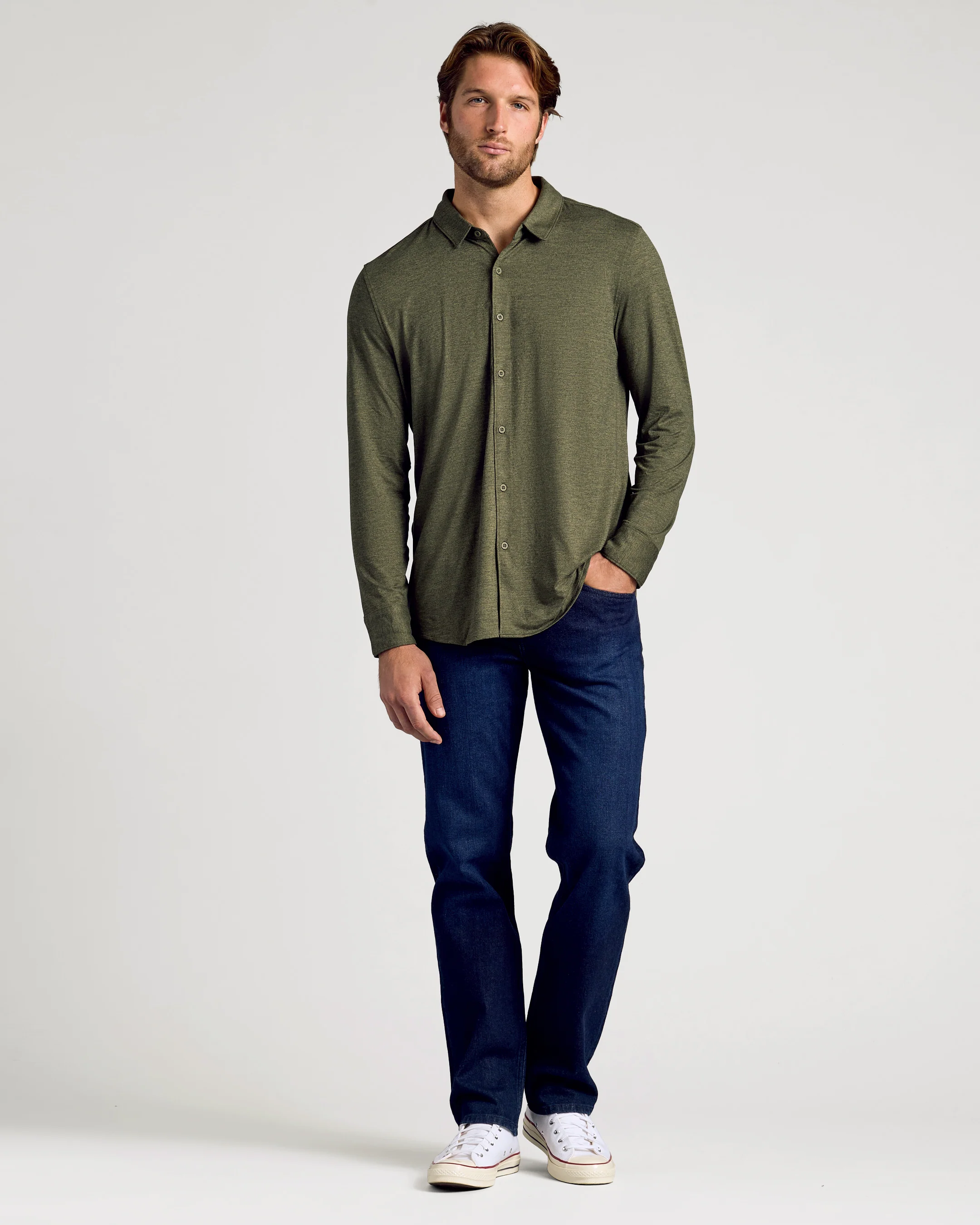 Dark Heather Military Green Long Sleeve Do-It-All Comfort Shirt - Image 3