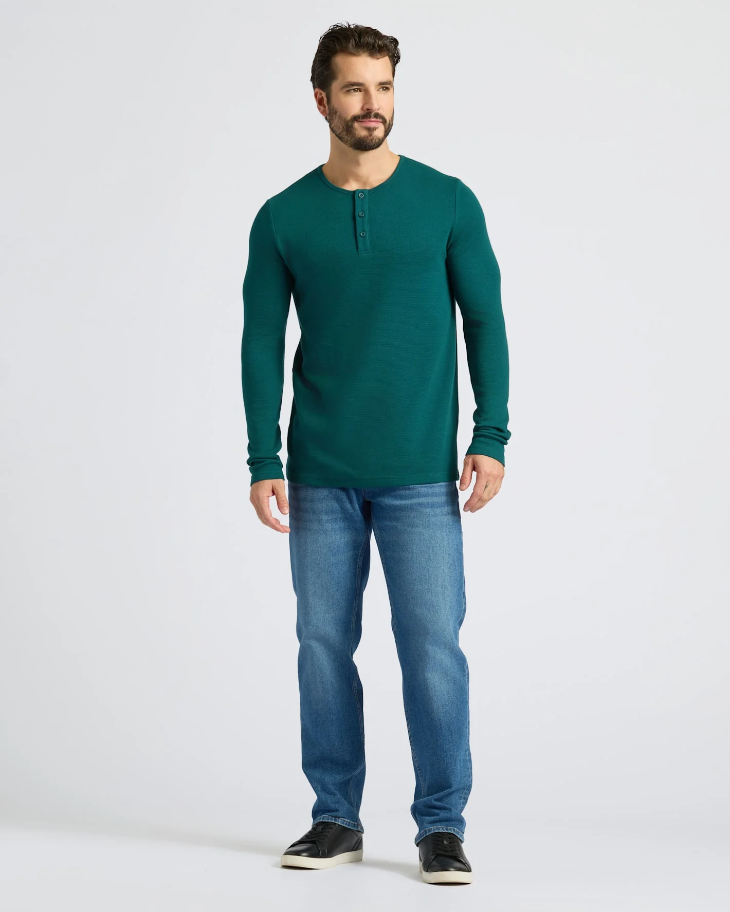Deep Emerald Waffle Long Sleeve Henley - Image 3
