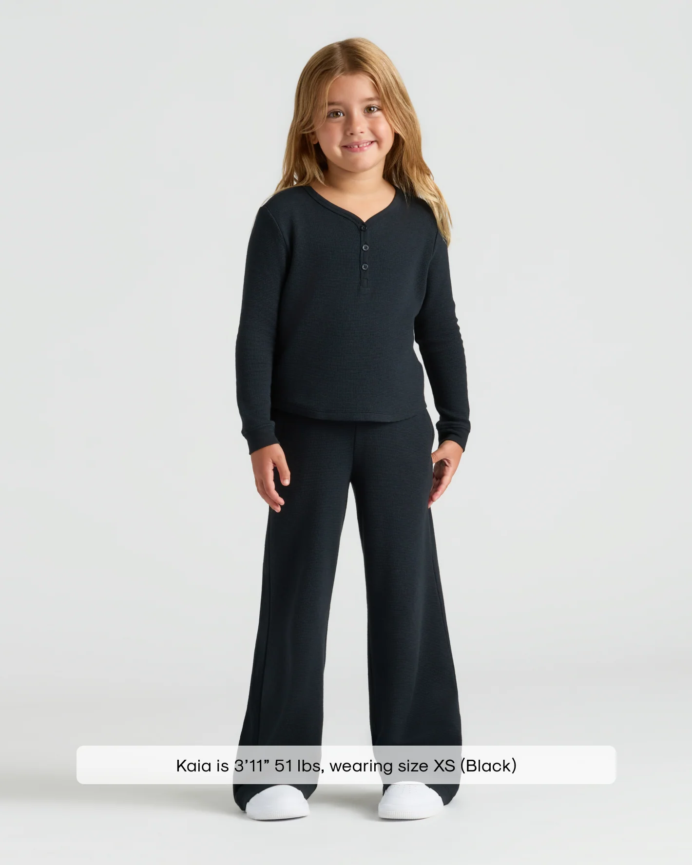 Girls Black Long Sleeve Boxy Waffle Henley - Image 3