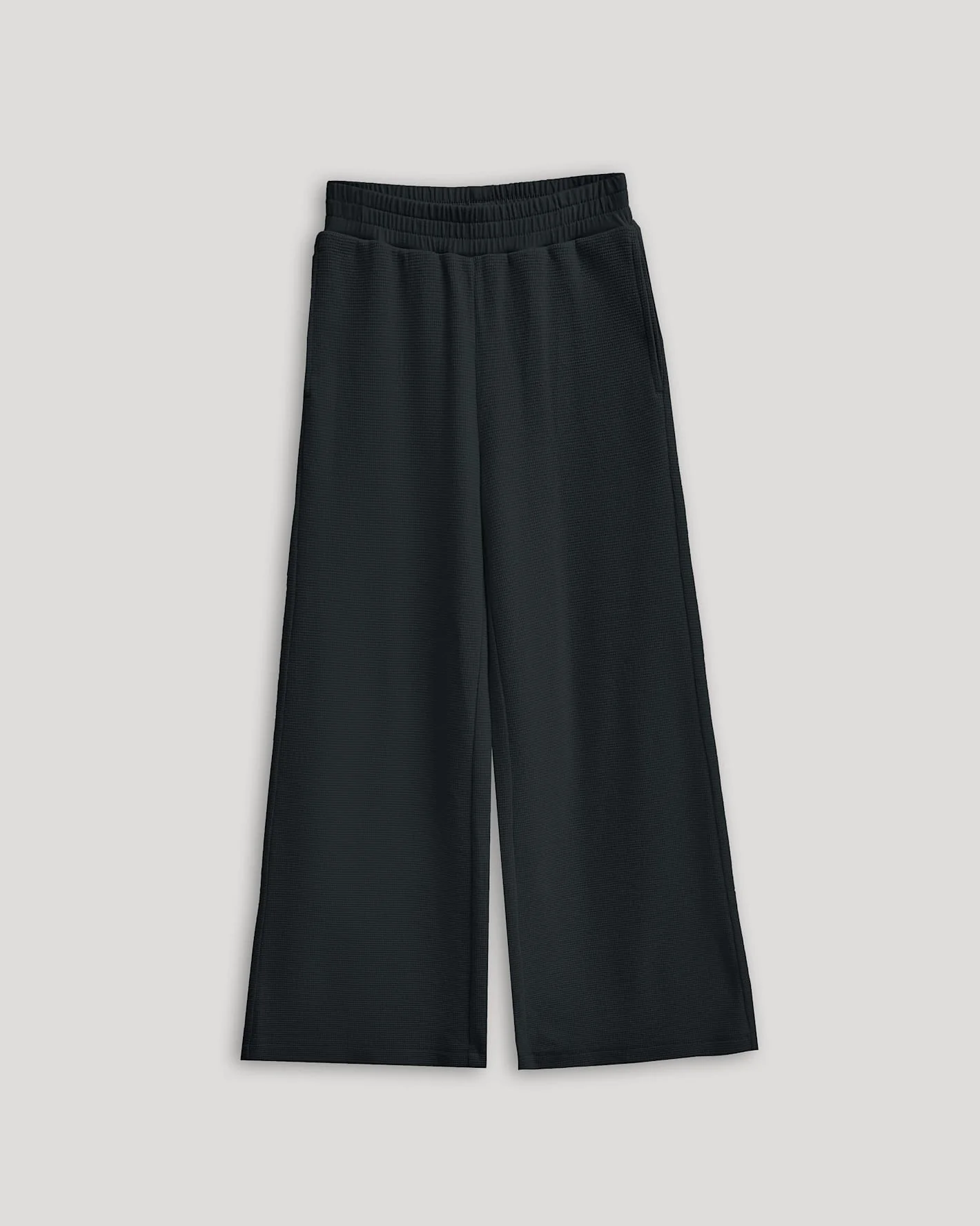 Girls Black Waffle Wide Leg Pants - Image 2