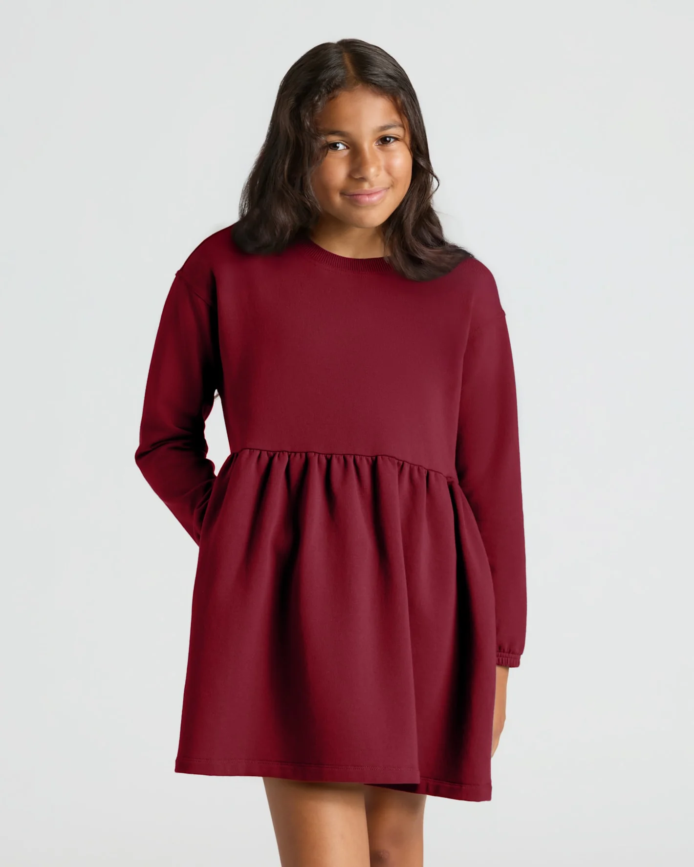 Girls Dark Maroon Long Sleeve Fleece Dress
