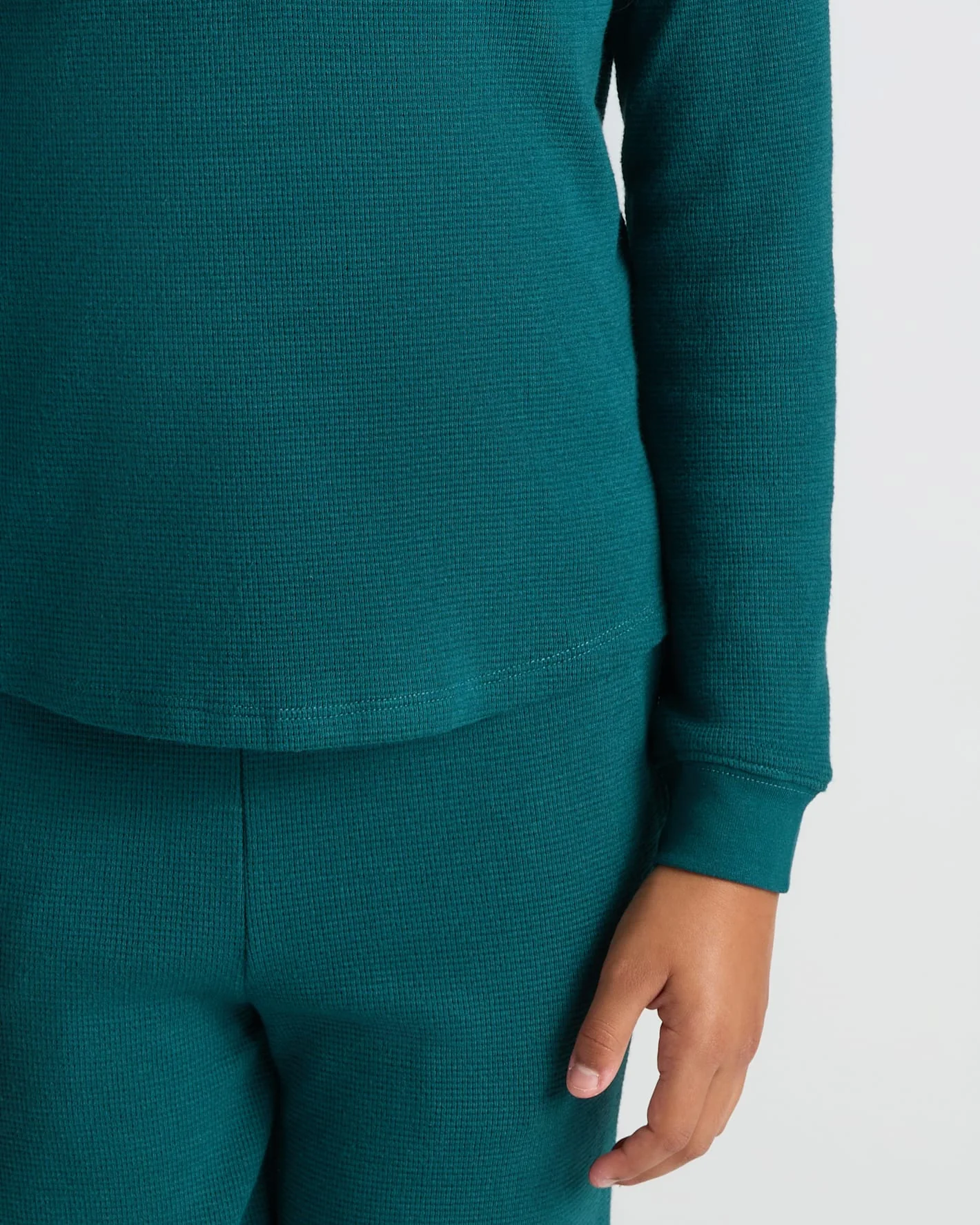 Girls Deep Emerald Long Sleeve Boxy Waffle Henley - Image 6