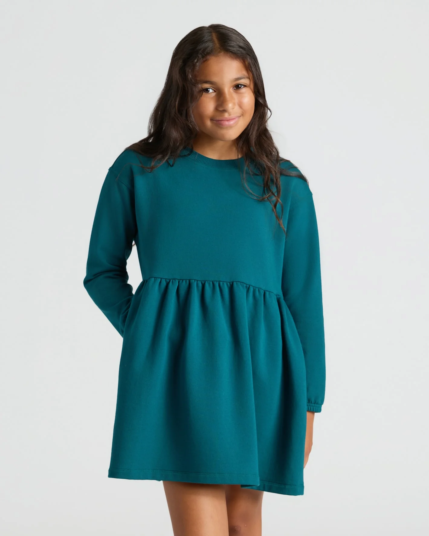 Girls Deep Emerald Long Sleeve Fleece Dress - Image 6