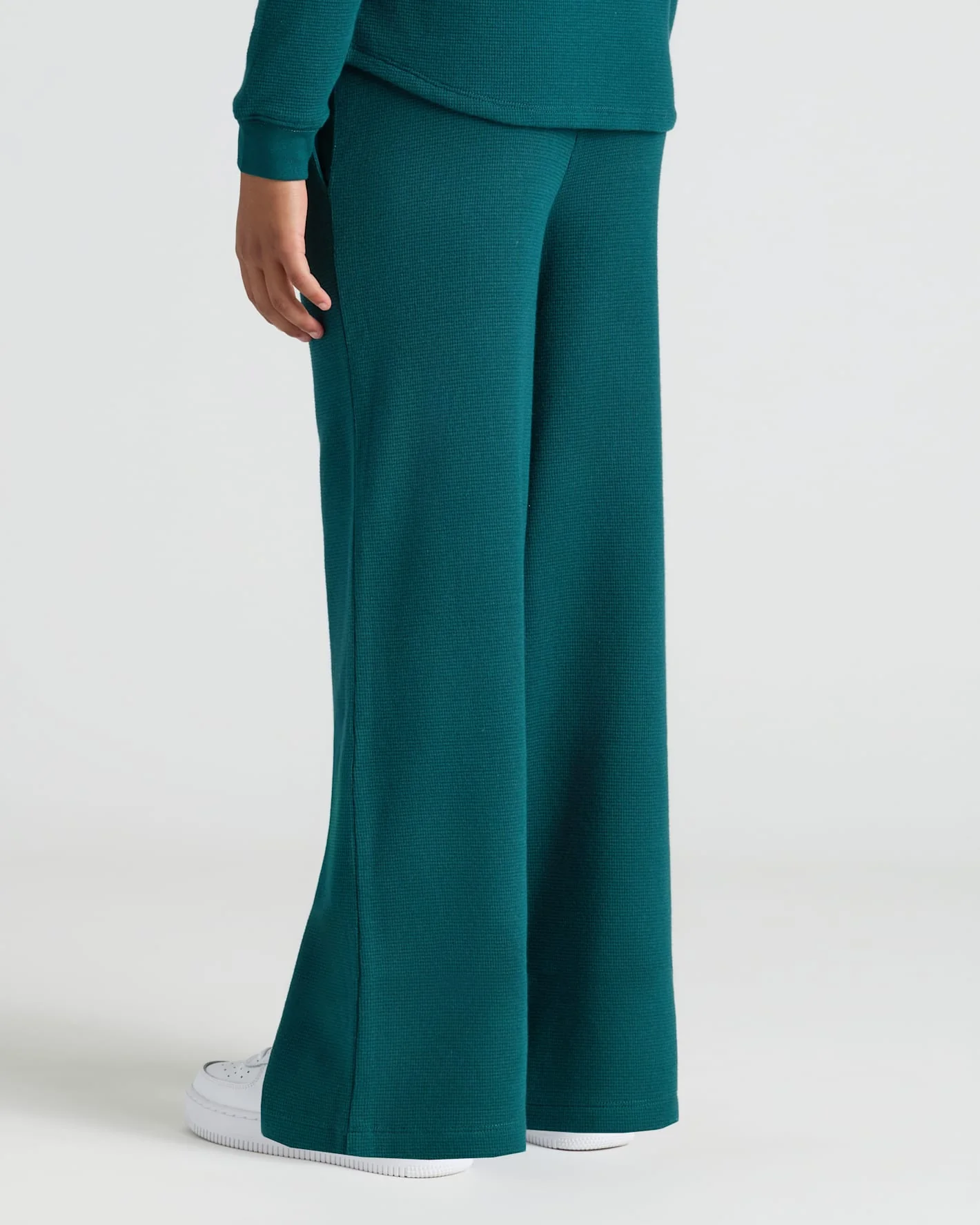 Girls Deep Emerald Waffle Wide Leg Pants - Image 4