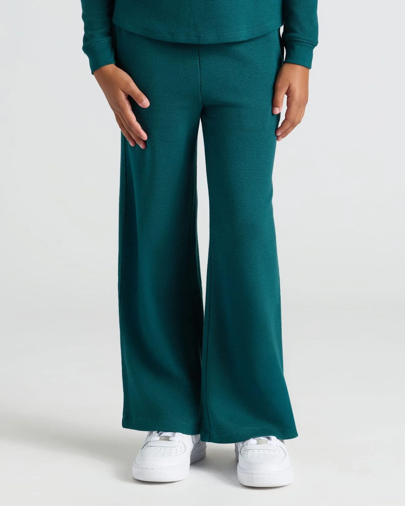 Girls Deep Emerald Waffle Wide Leg Pants - Image 5