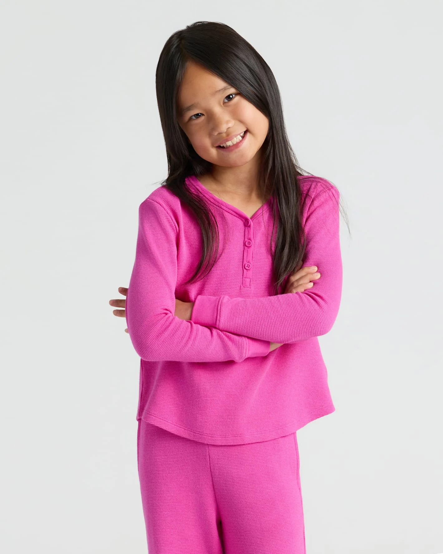 Girls Electric Fuchsia Long Sleeve Boxy Waffle Henley
