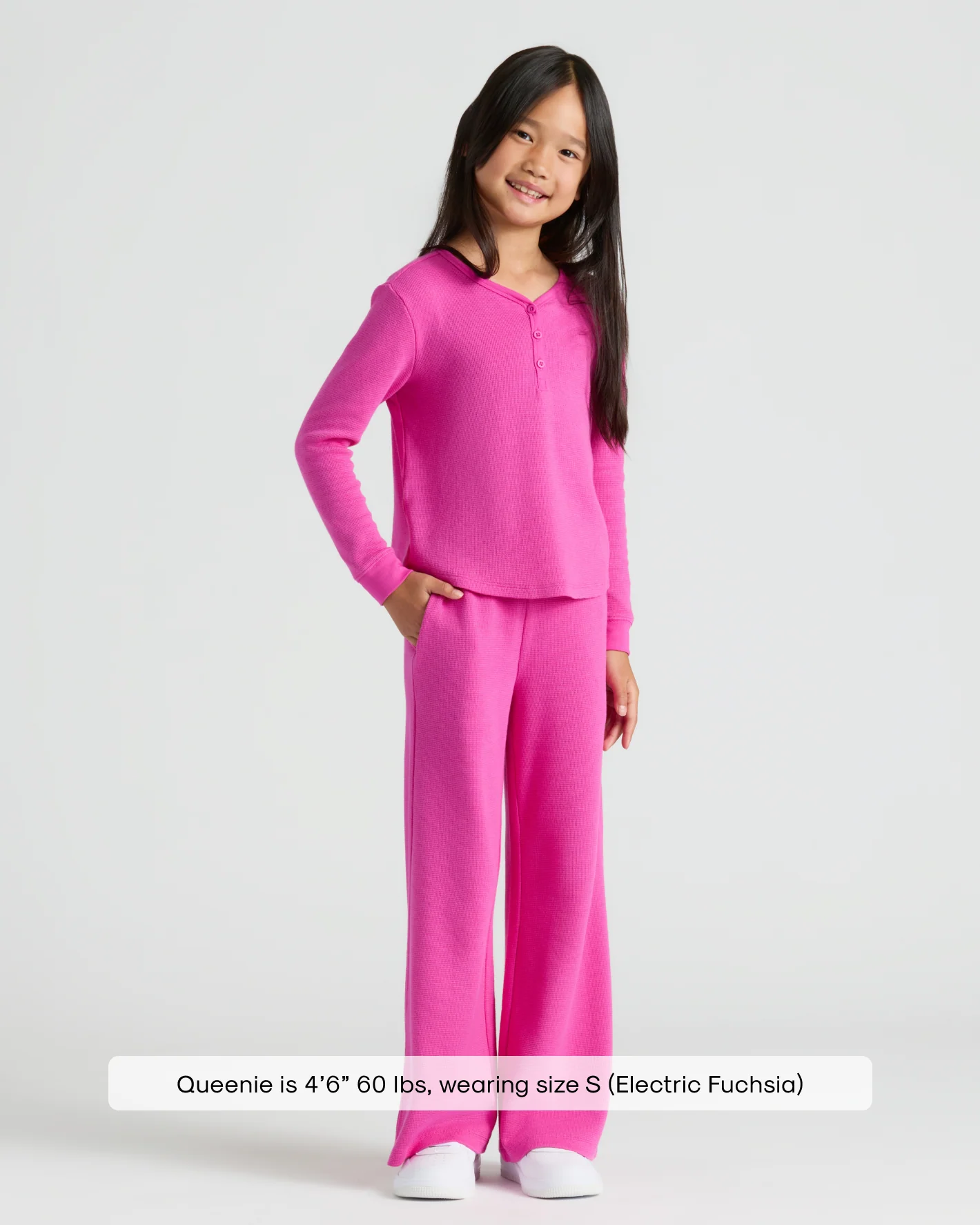 Girls Electric Fuchsia Long Sleeve Boxy Waffle Henley - Image 3