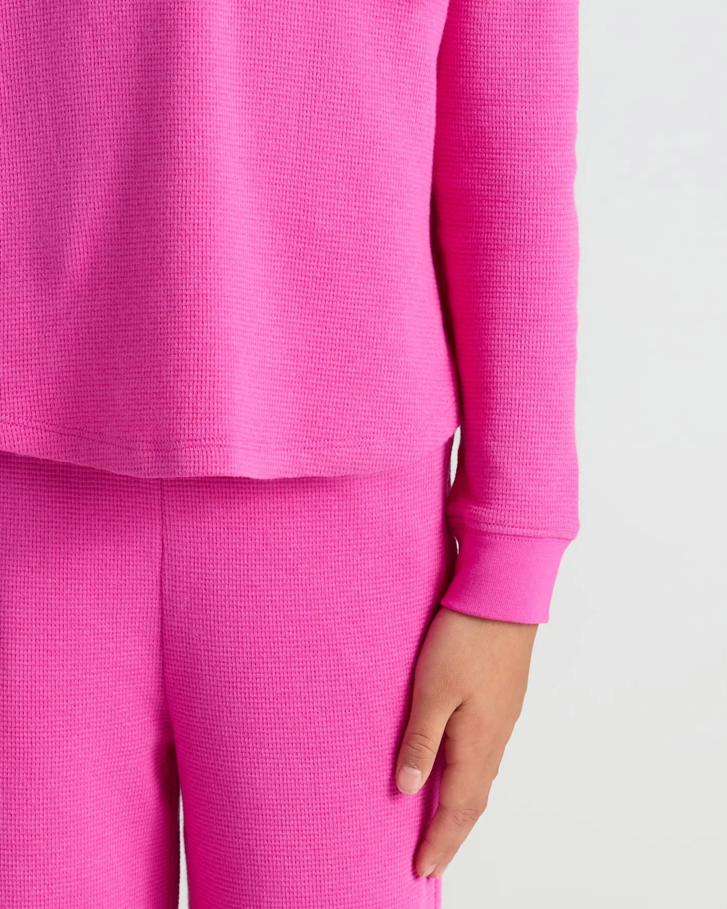Girls Electric Fuchsia Long Sleeve Boxy Waffle Henley - Image 7