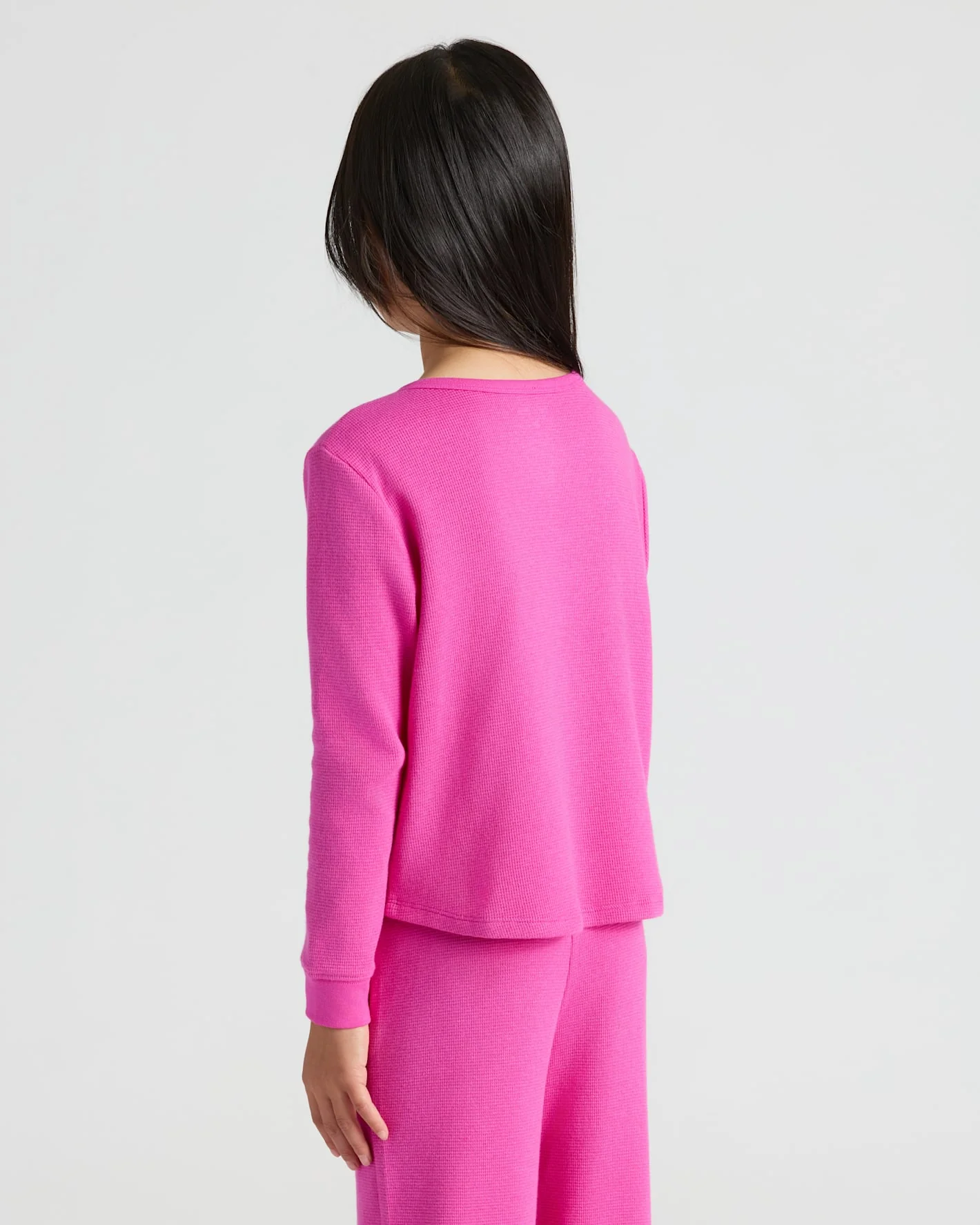 Girls Electric Fuchsia Long Sleeve Boxy Waffle Henley - Image 4