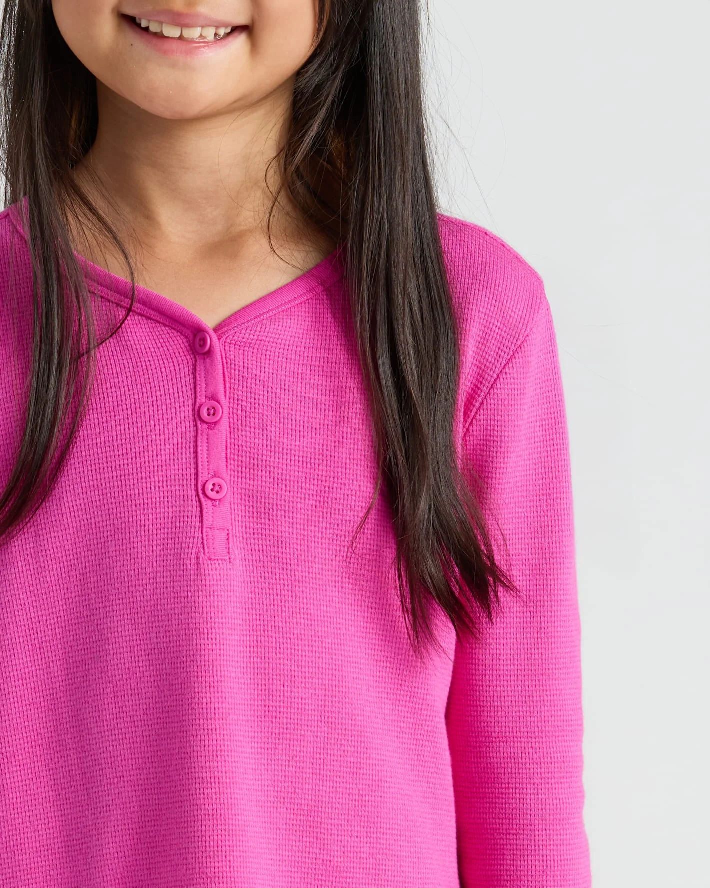 Girls Electric Fuchsia Long Sleeve Boxy Waffle Henley - Image 5