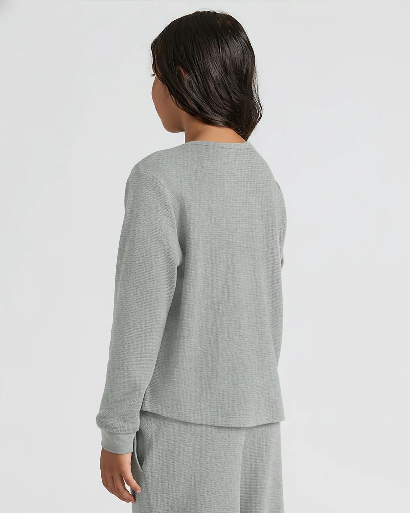 Girls Heather Gray Long Sleeve Boxy Waffle Henley - Image 3