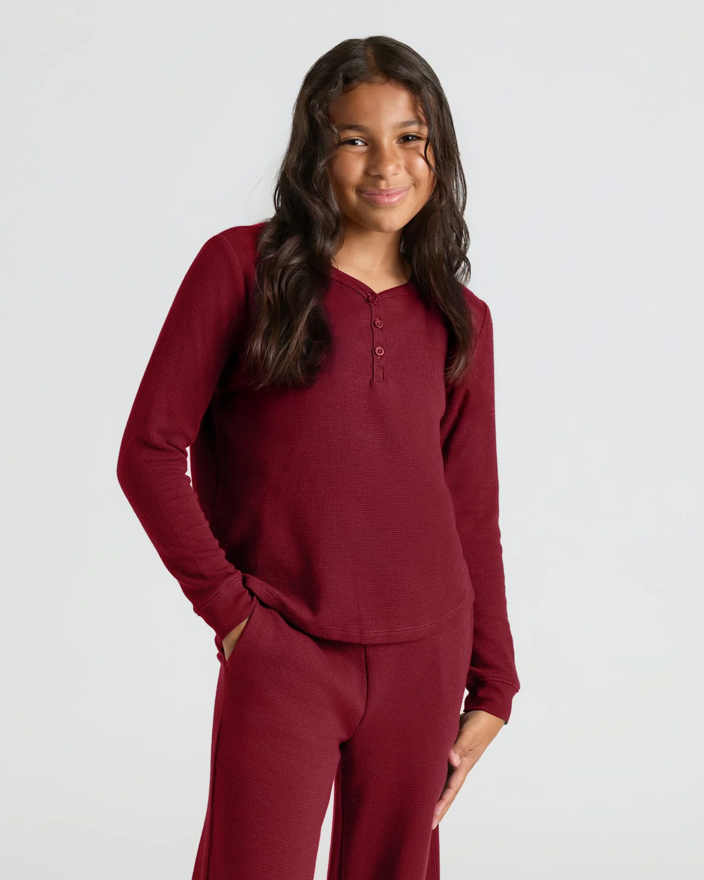 Girls Dark Maroon Waffle Long Sleeve Henley & Waffle Leg Pants 2-Pack - Image 3
