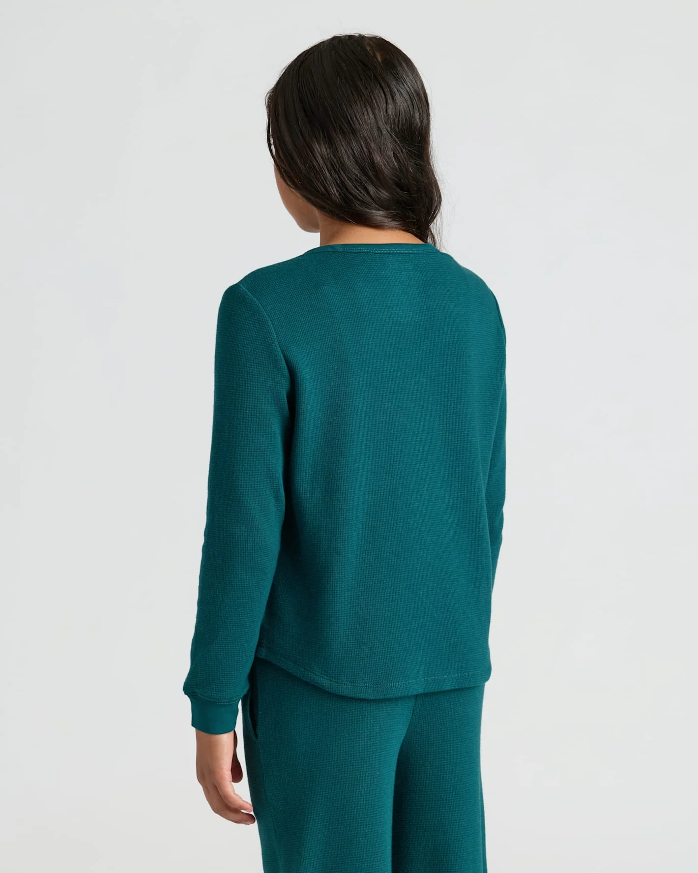 Girls Deep Emerald Long Sleeve Boxy Waffle Henley - Image 4