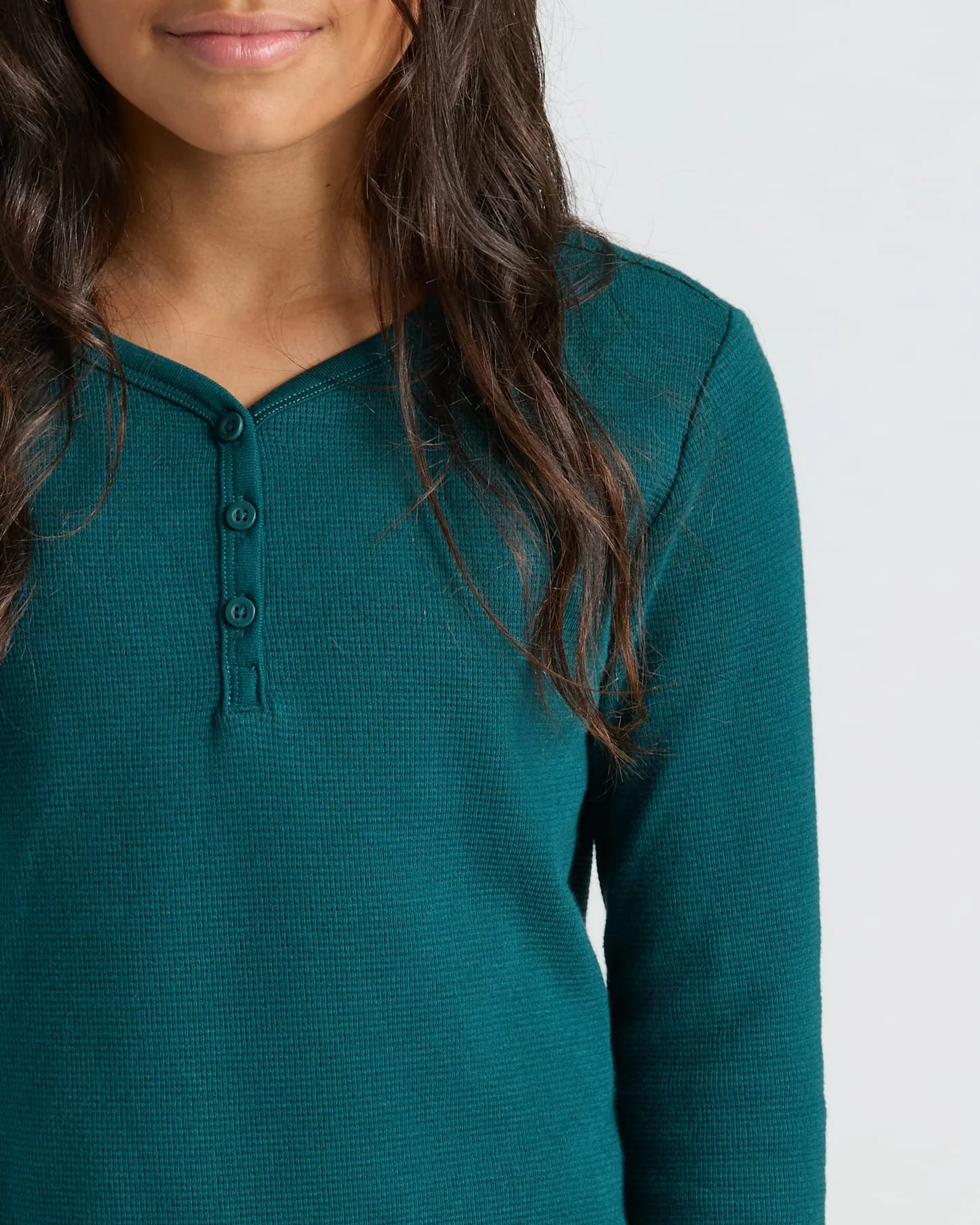 Girls Deep Emerald Long Sleeve Boxy Waffle Henley - Image 5