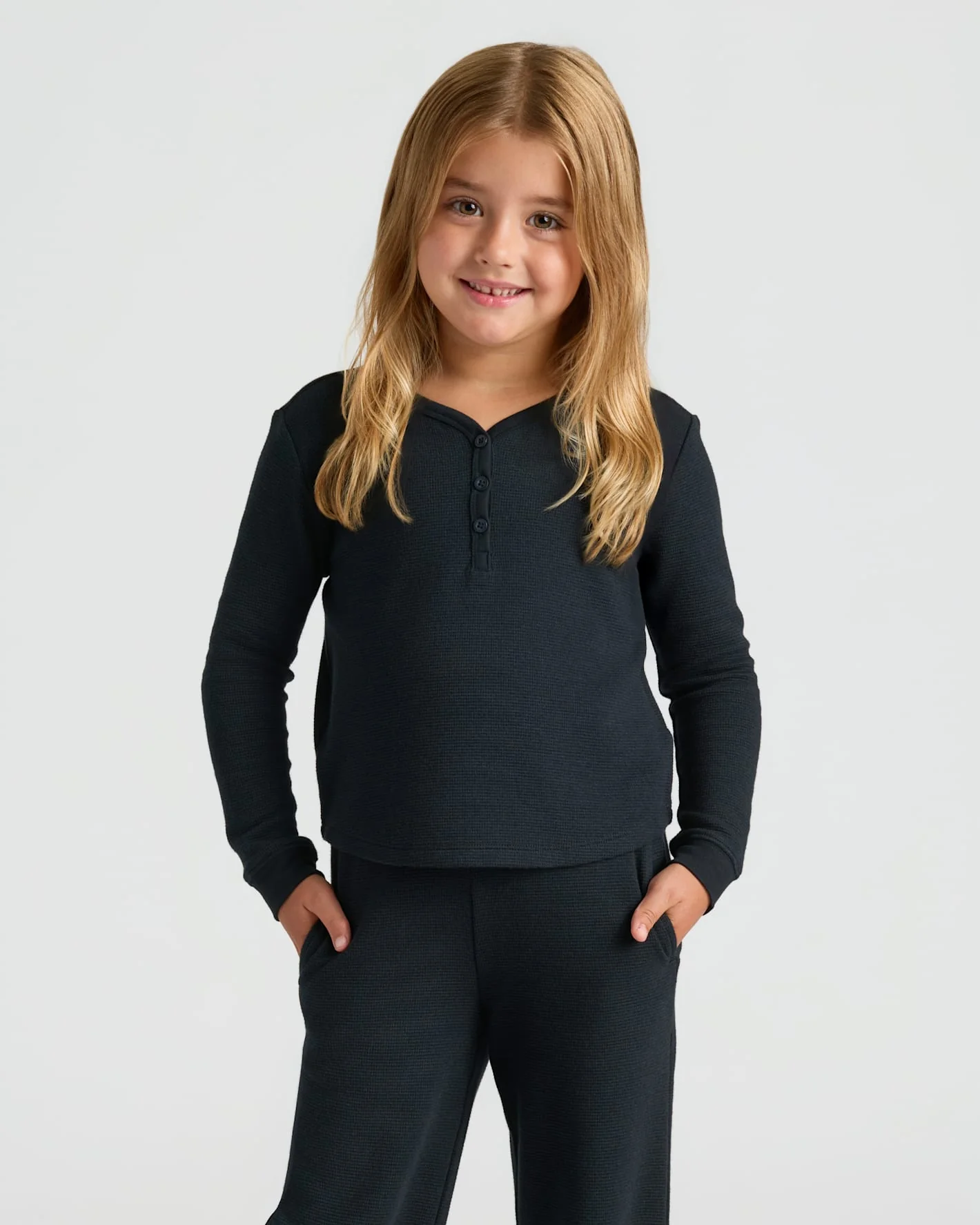 Girls Black Long Sleeve Boxy Waffle Henley