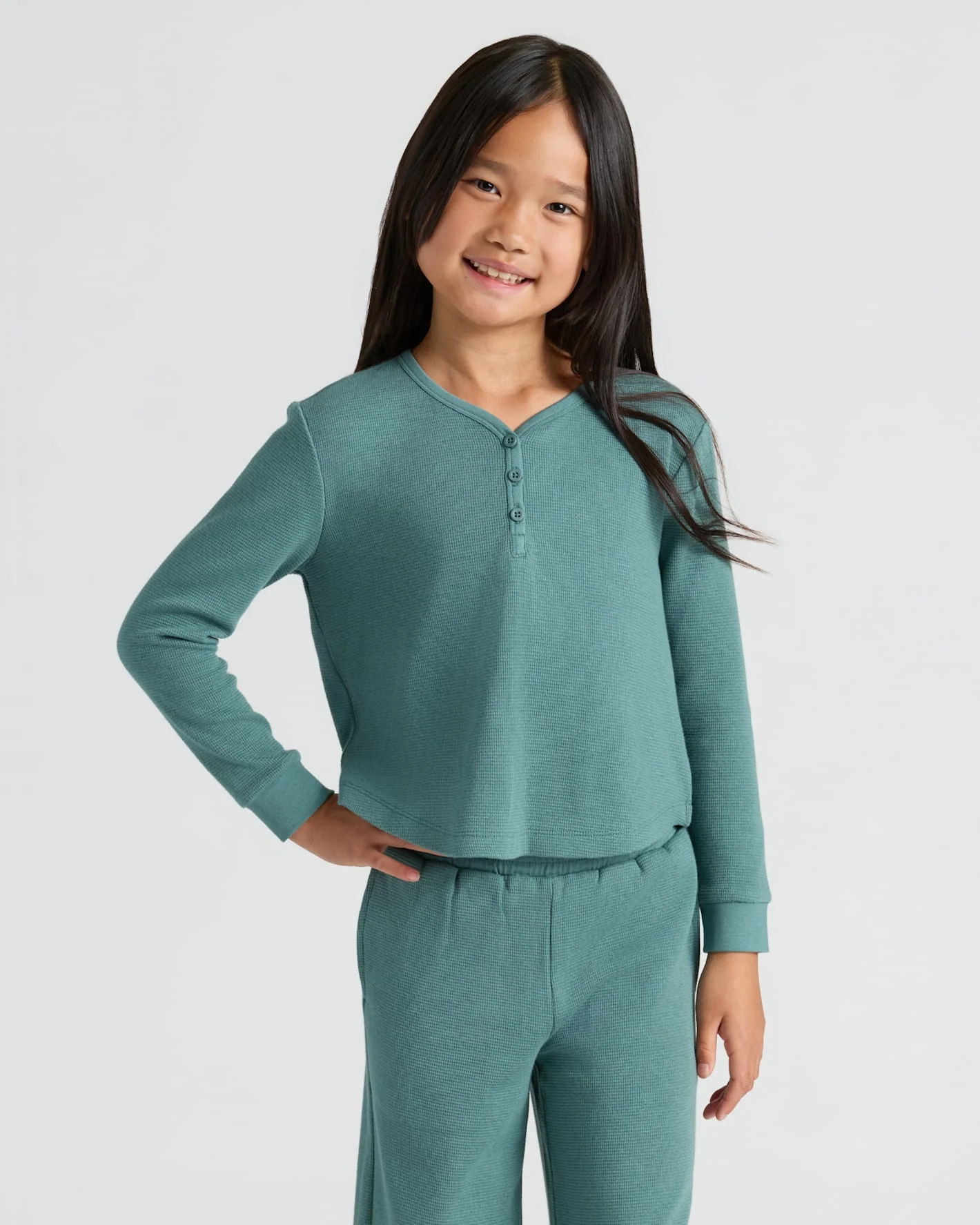 Girls Stormcloud Long Sleeve Boxy Waffle Henley