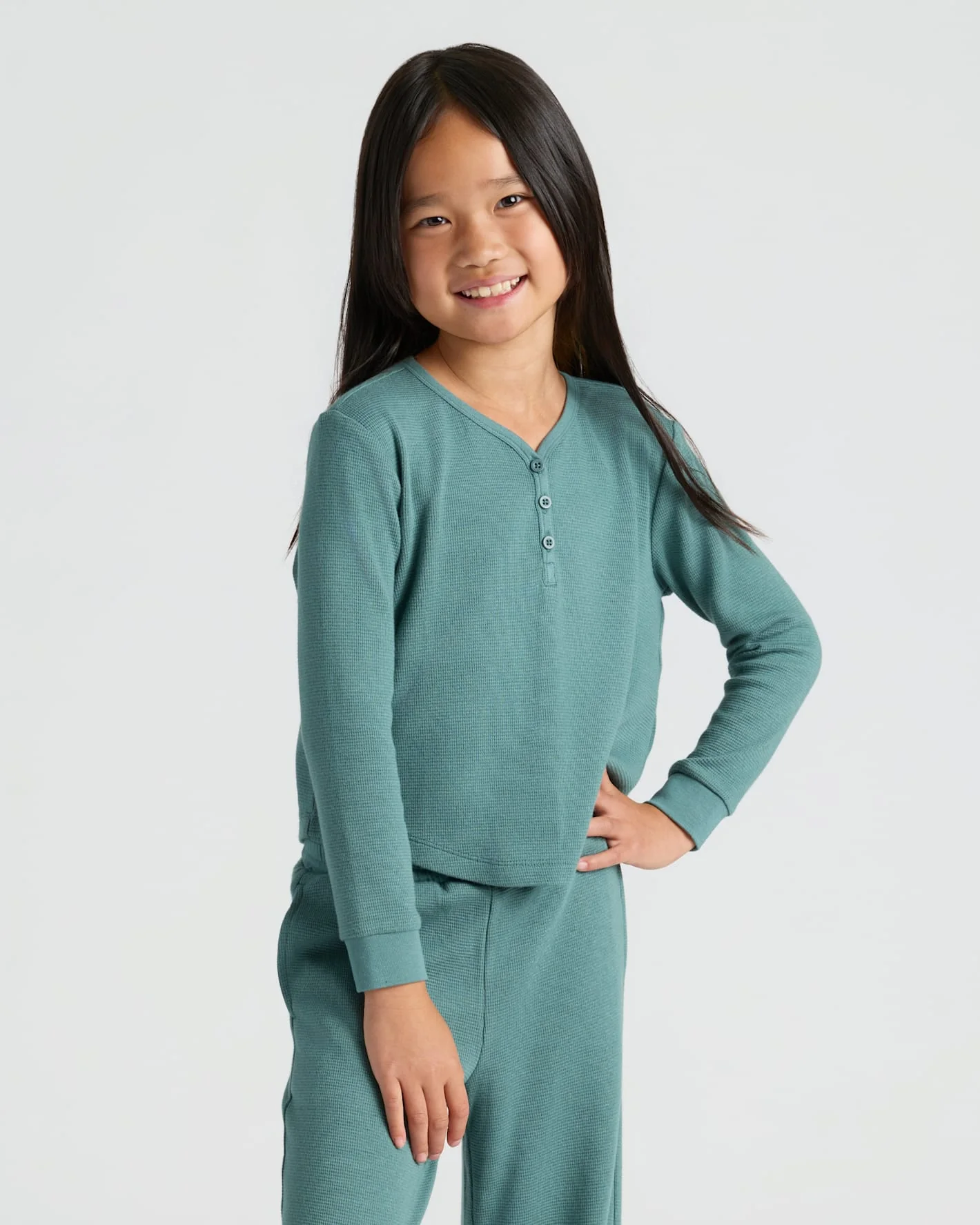 Girls Stormcloud Long Sleeve Boxy Waffle Henley - Image 6