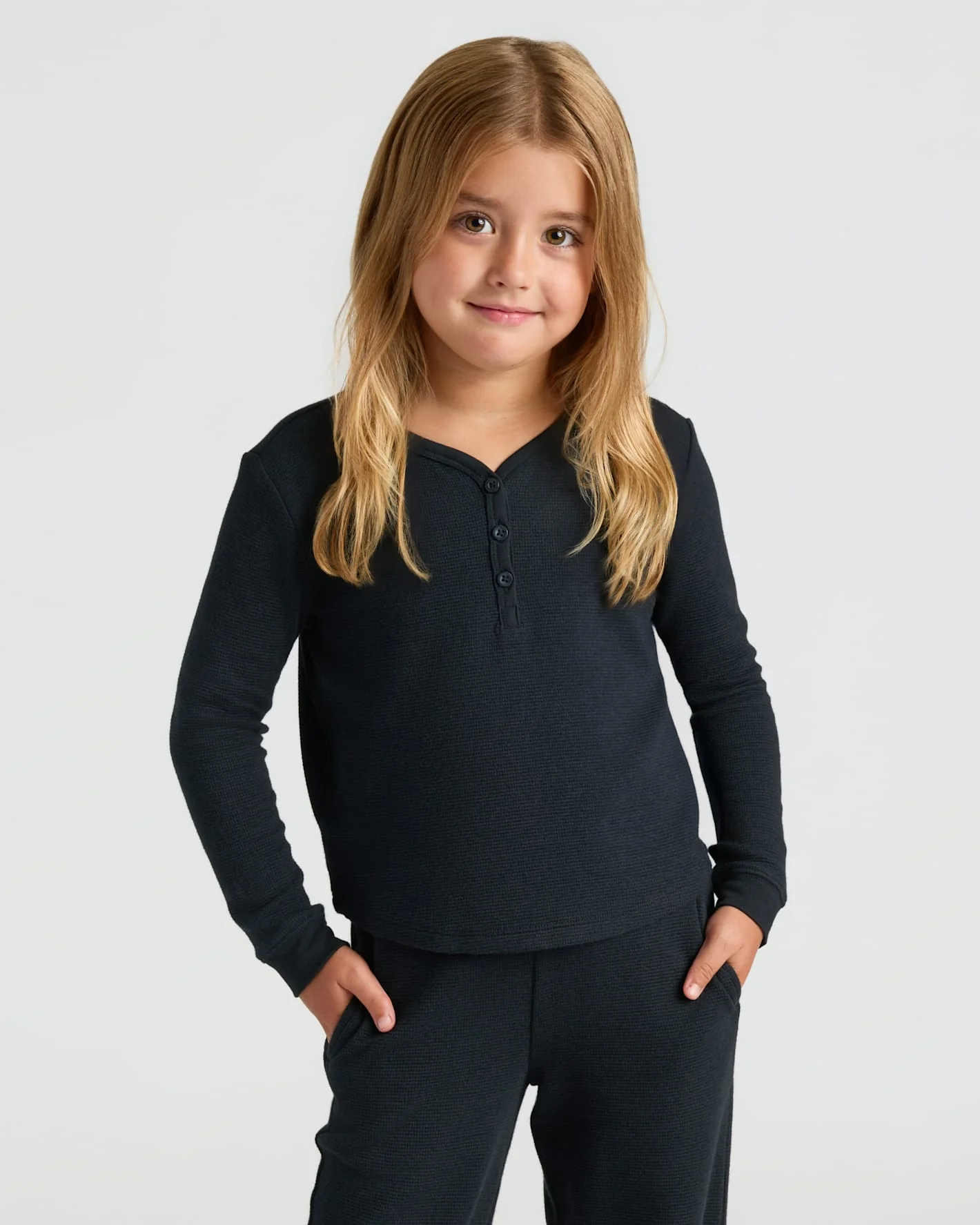 Girls Black Waffle Long Sleeve Henley & Waffle Leg Pants 2-Pack - Image 3