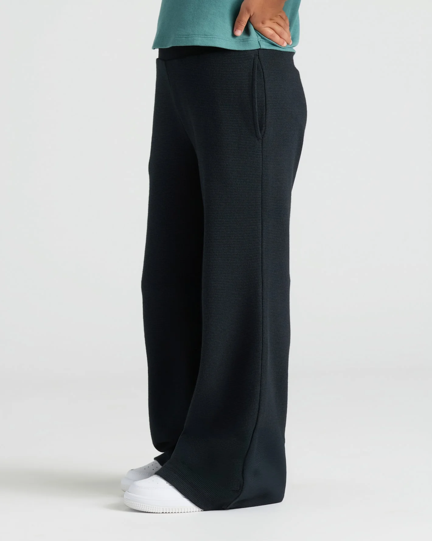 Girls Black Waffle Wide Leg Pants - Image 5