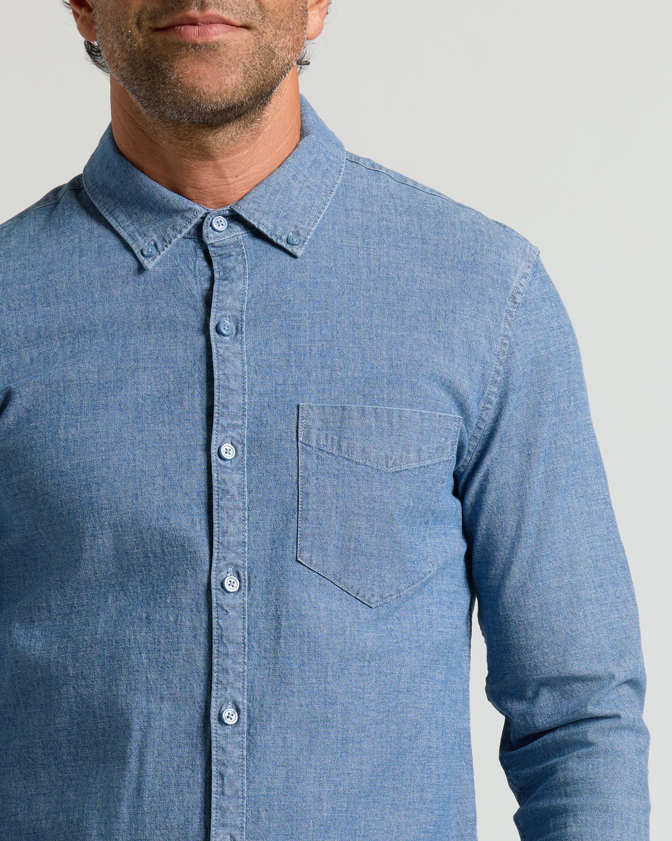 Light Indigo Wash Long Sleeve Chambray Shirt - Image 4
