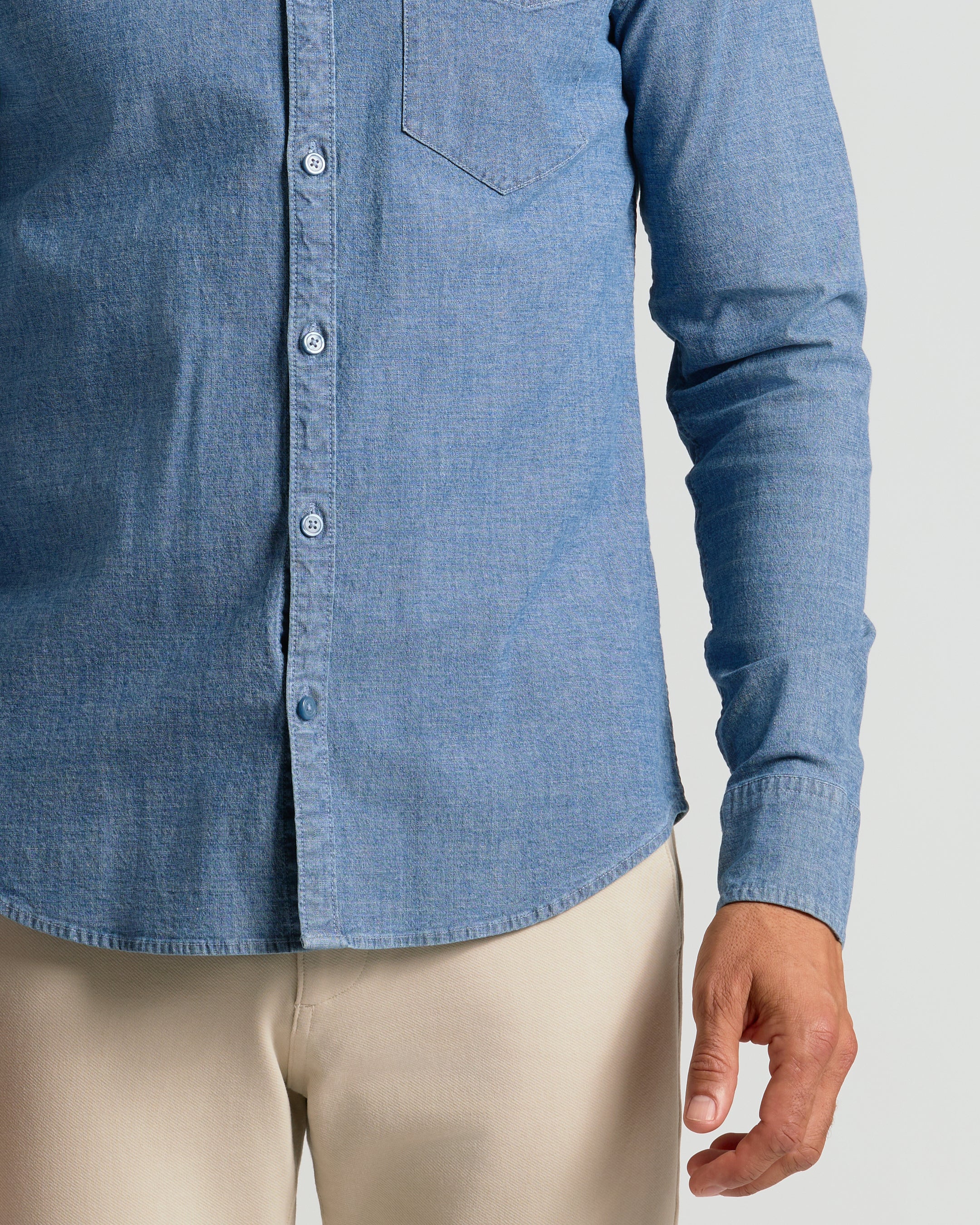 Light Indigo Wash Long Sleeve Chambray Shirt - Image 5
