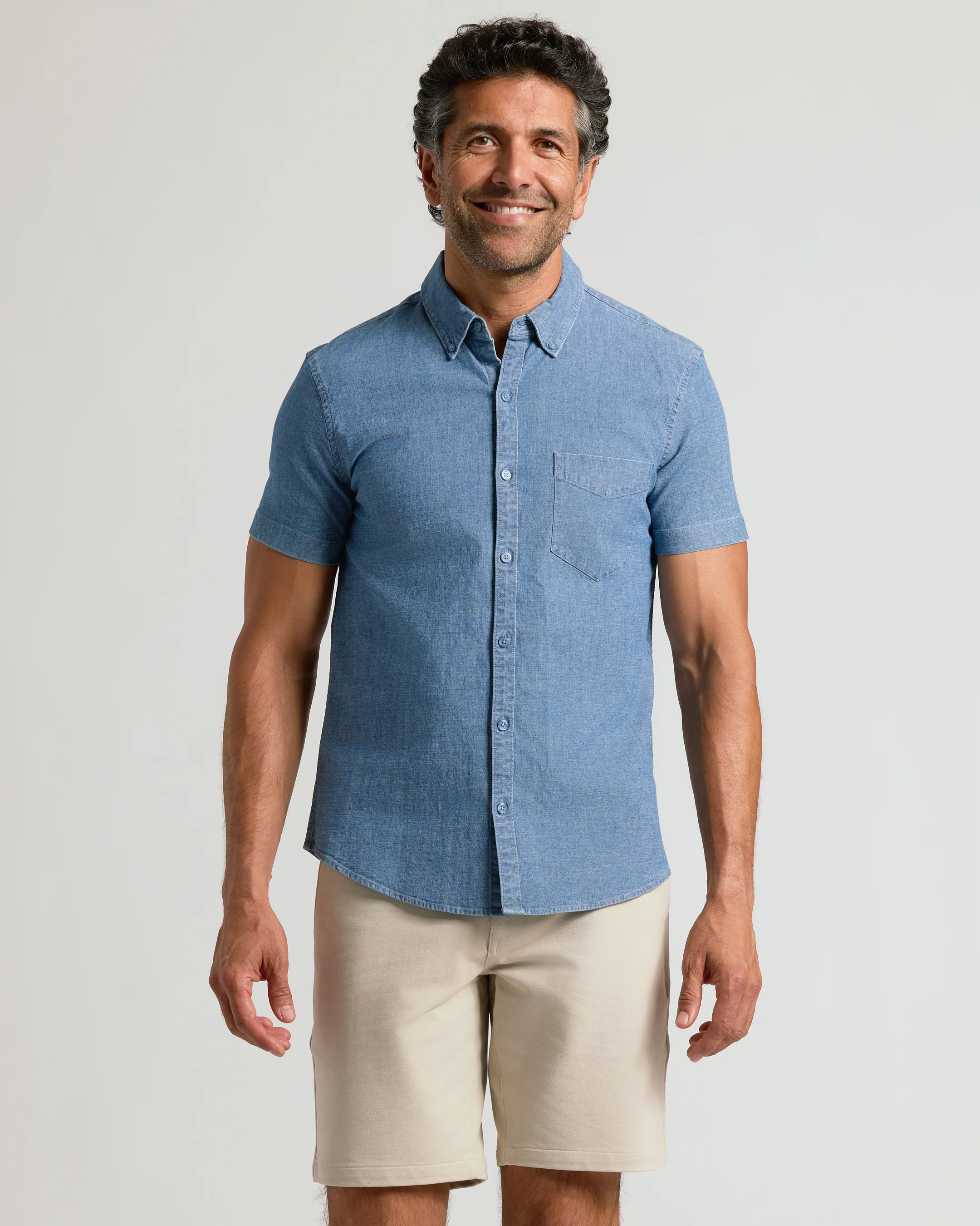 Light Indigo Wash Short Sleeve Stretch Chambray Shirt