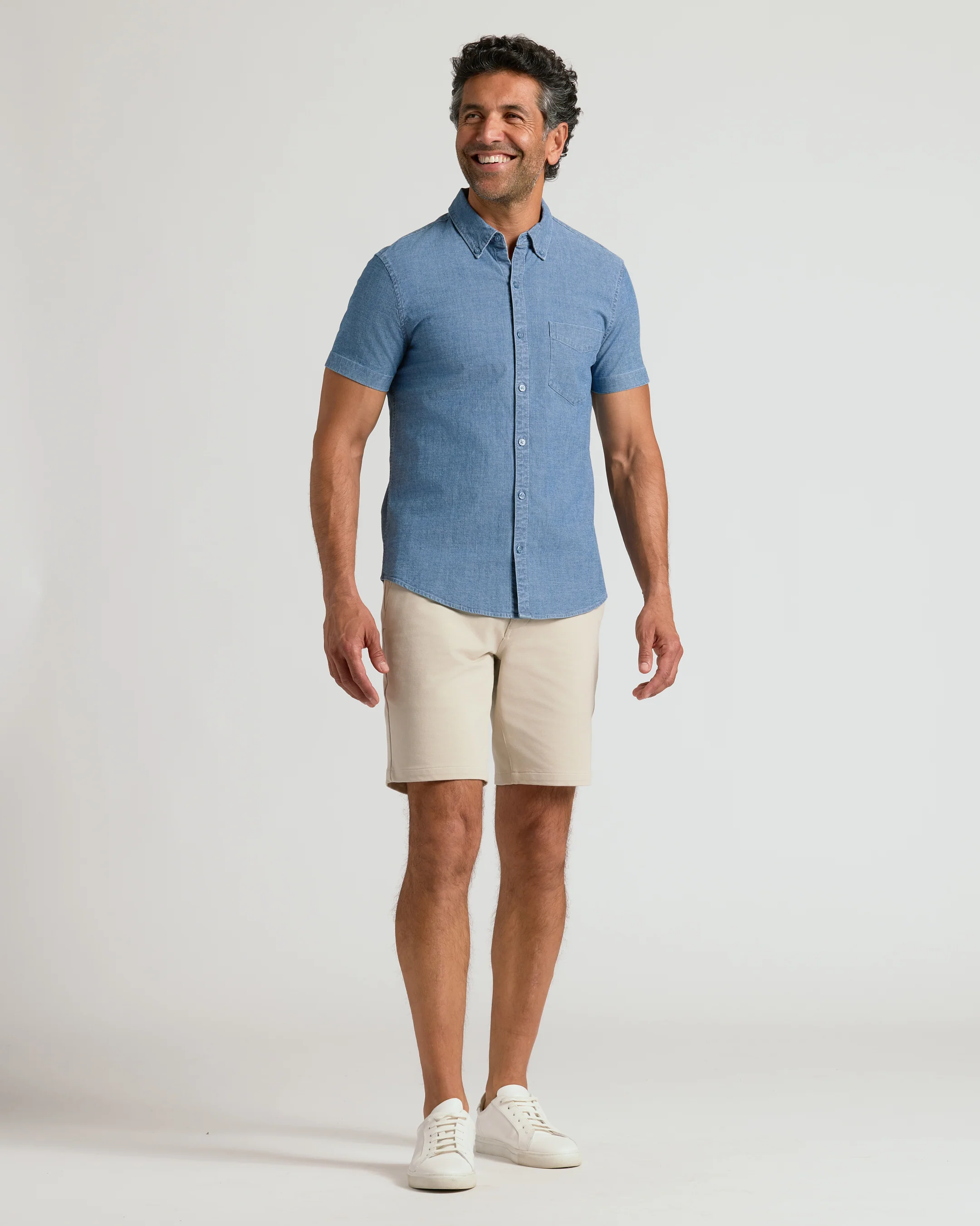 Light Indigo Wash Short Sleeve Stretch Chambray Shirt - Image 7