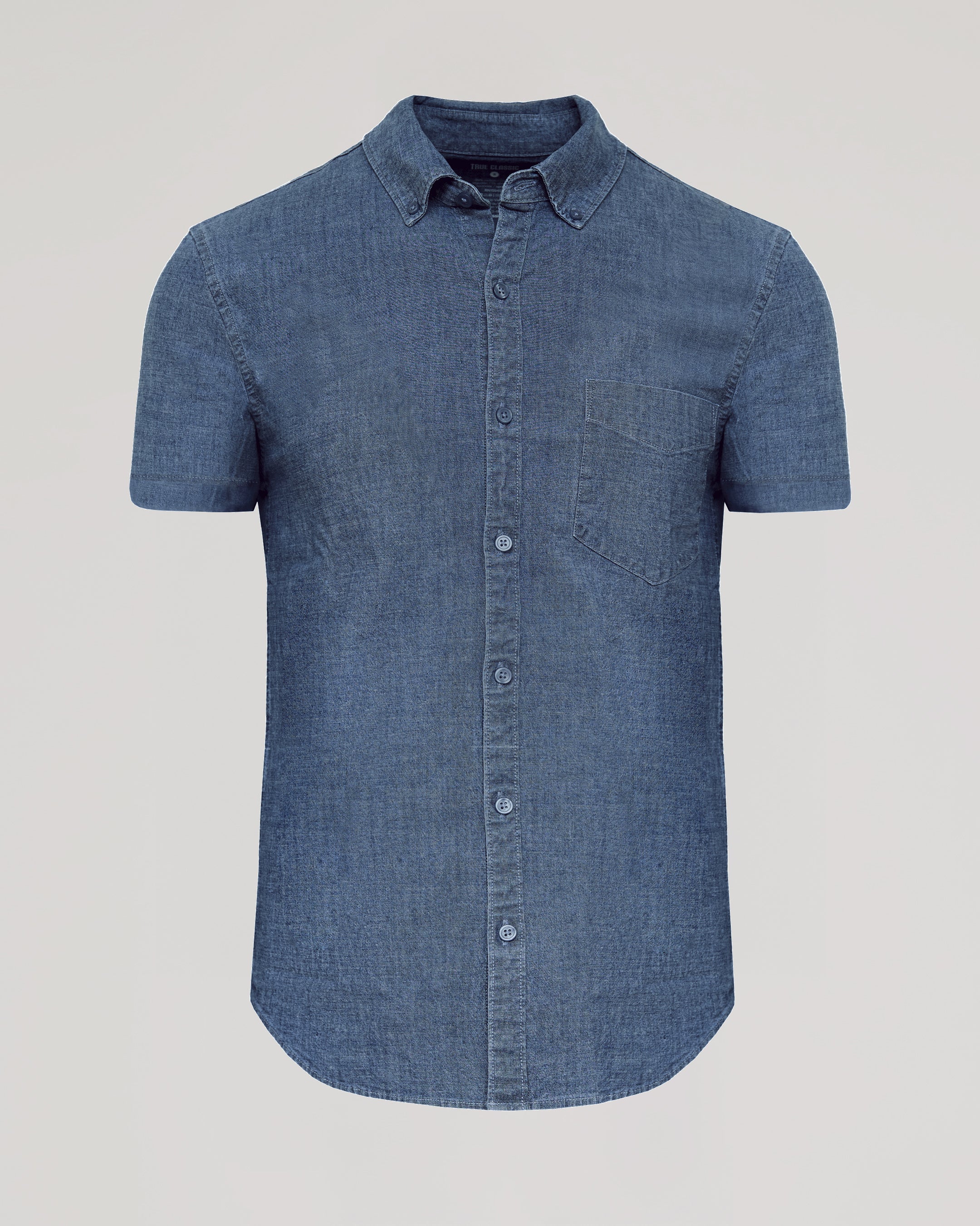 Medium Indigo Wash Short Sleeve Stretch Chambray Shirt - Image 2