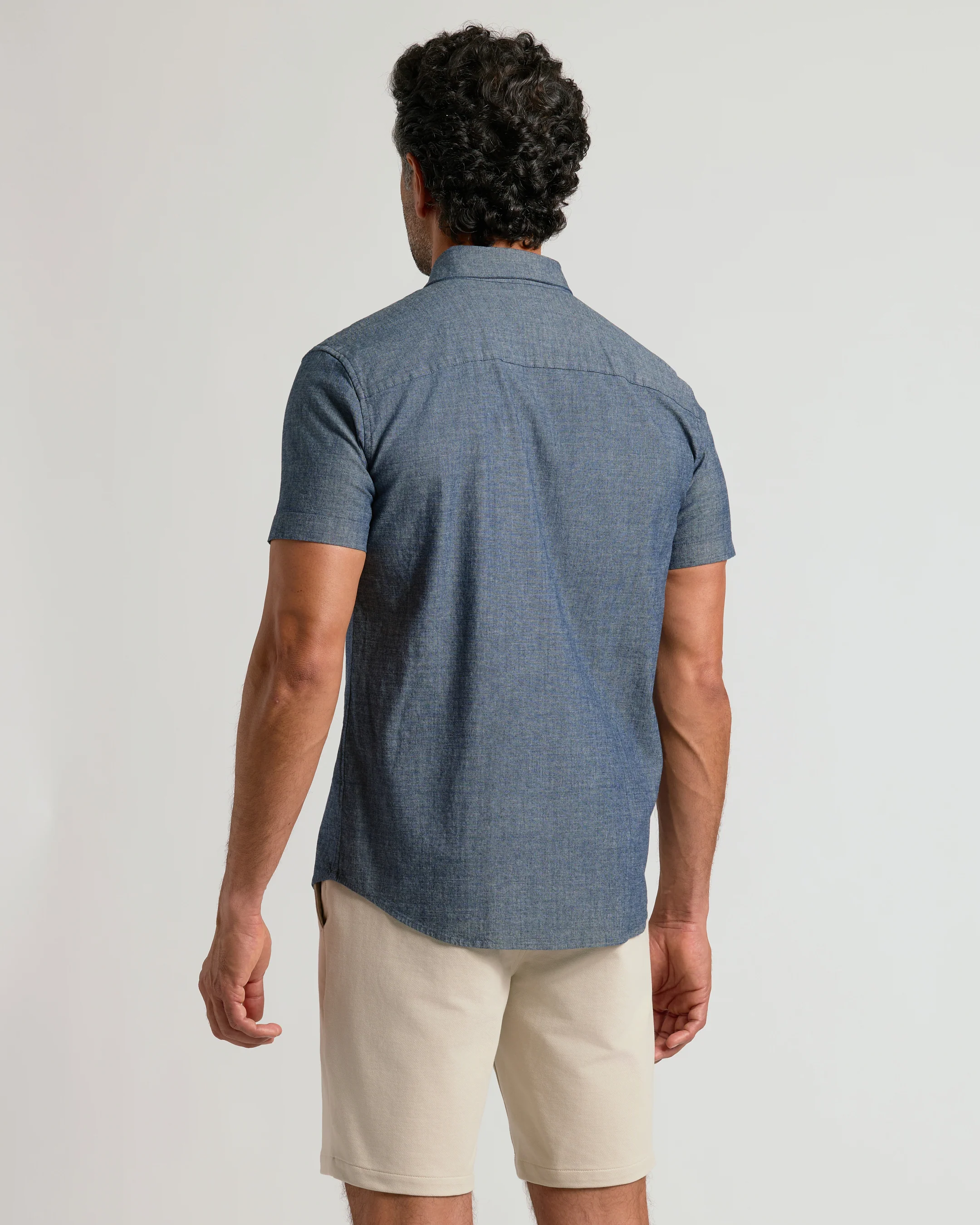 Medium Indigo Wash Short Sleeve Stretch Chambray Shirt - Image 3