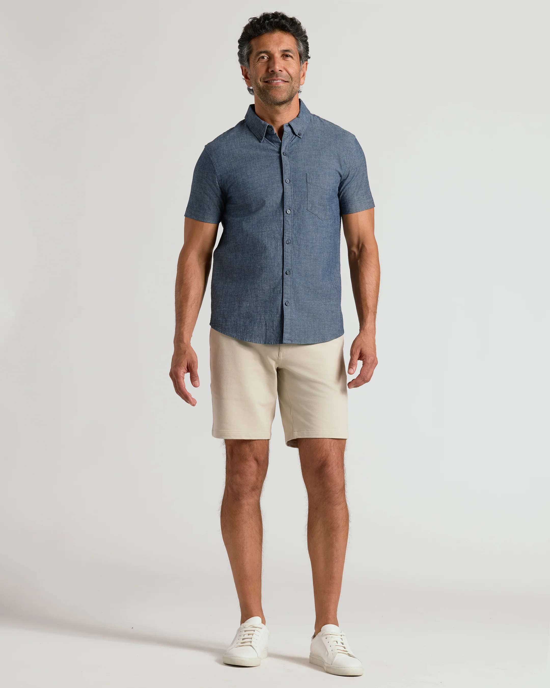 Medium Indigo Wash Short Sleeve Stretch Chambray Shirt - Image 4