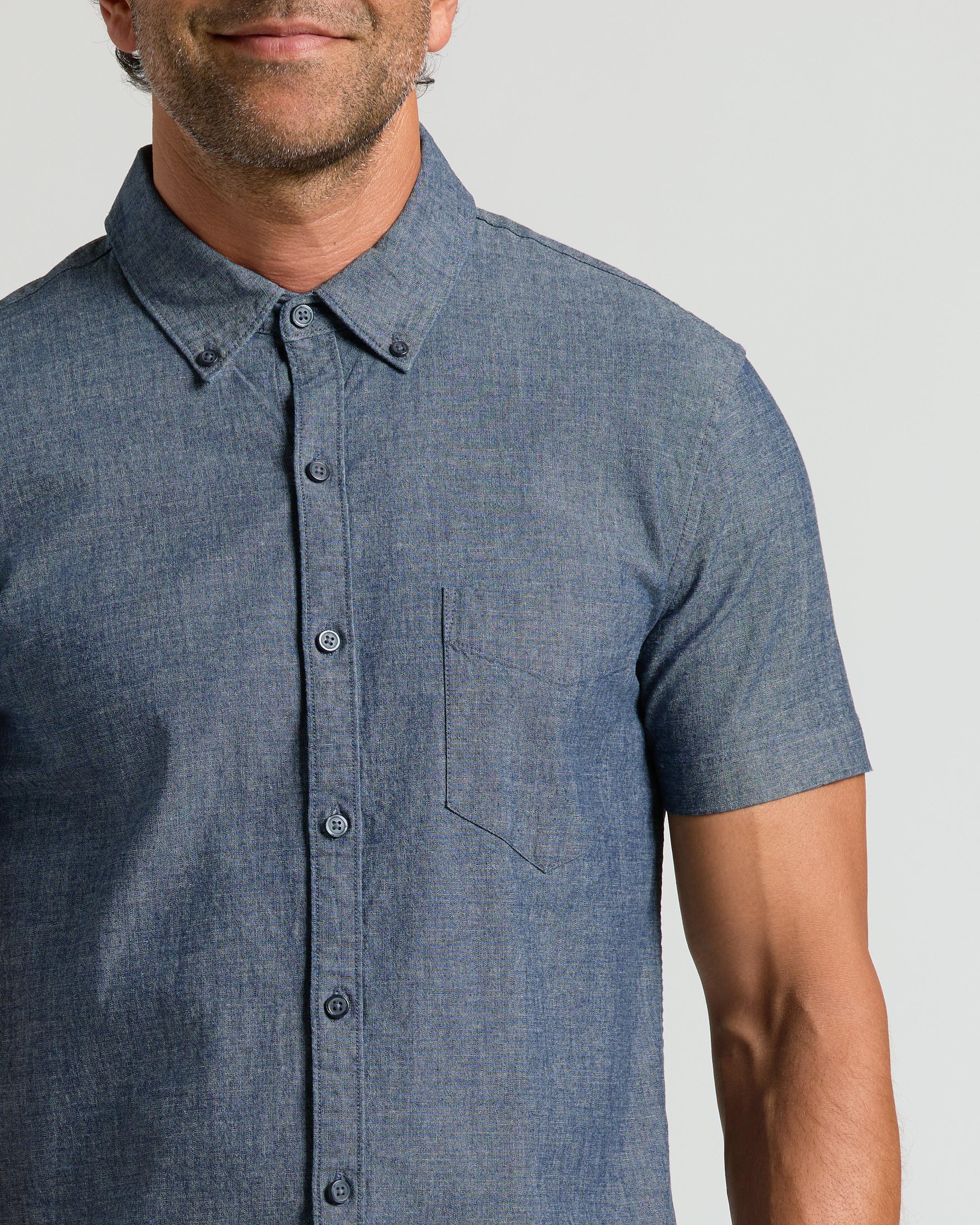 Medium Indigo Wash Short Sleeve Stretch Chambray Shirt - Image 6