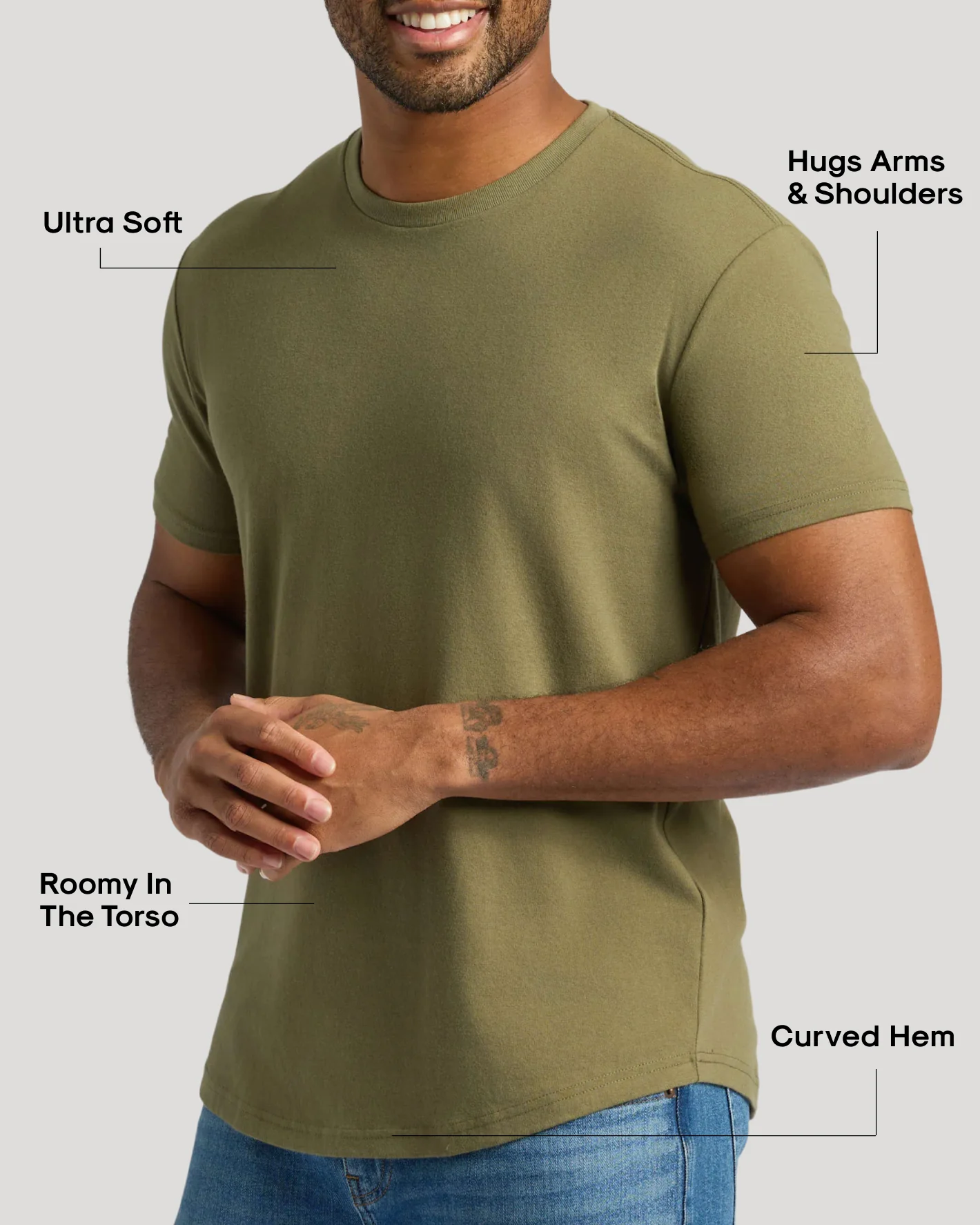 Military Green Curved Hem Classic Crew Neck - Image 3