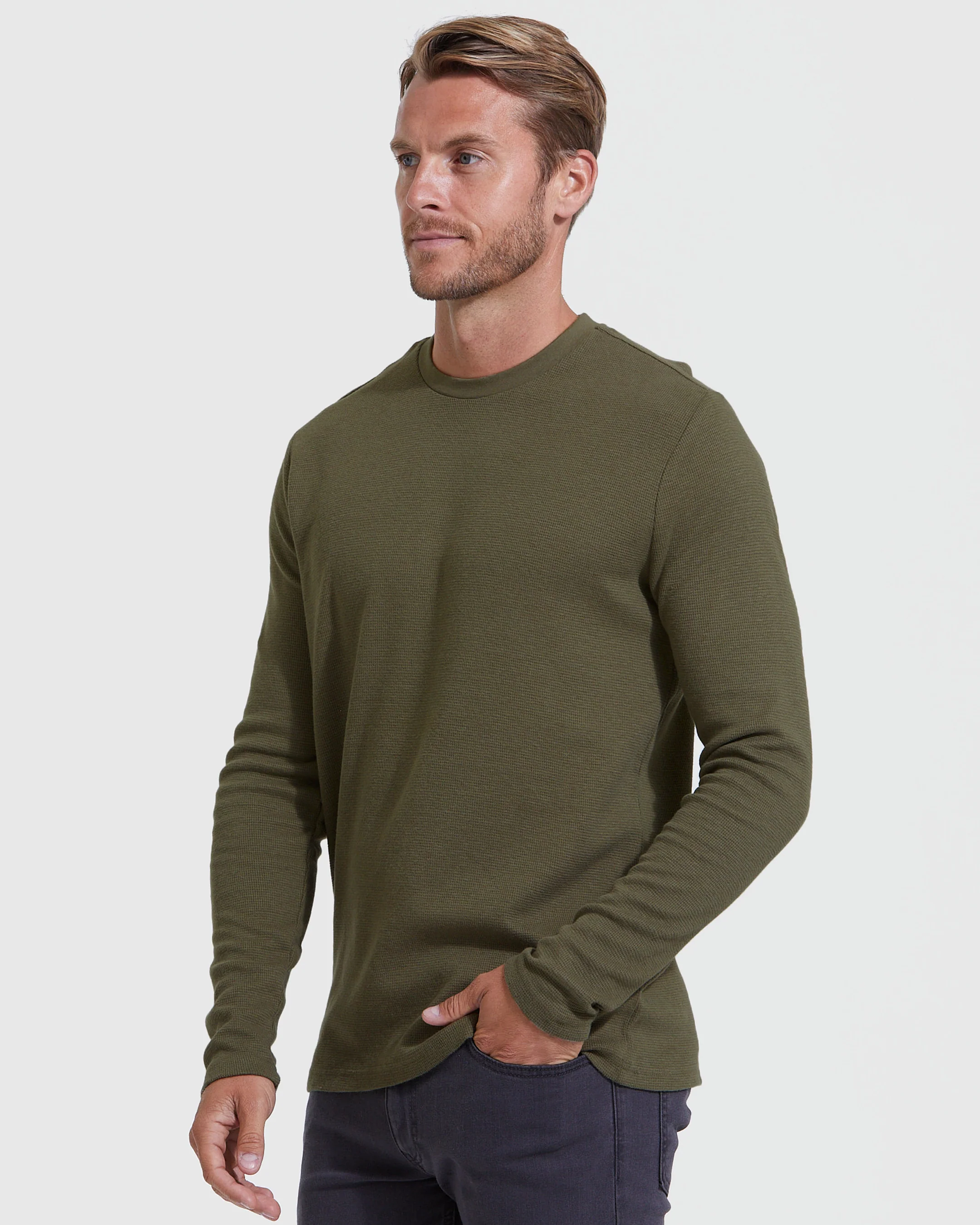 Military Green Waffle Long Sleeve Crew Neck - Image 3