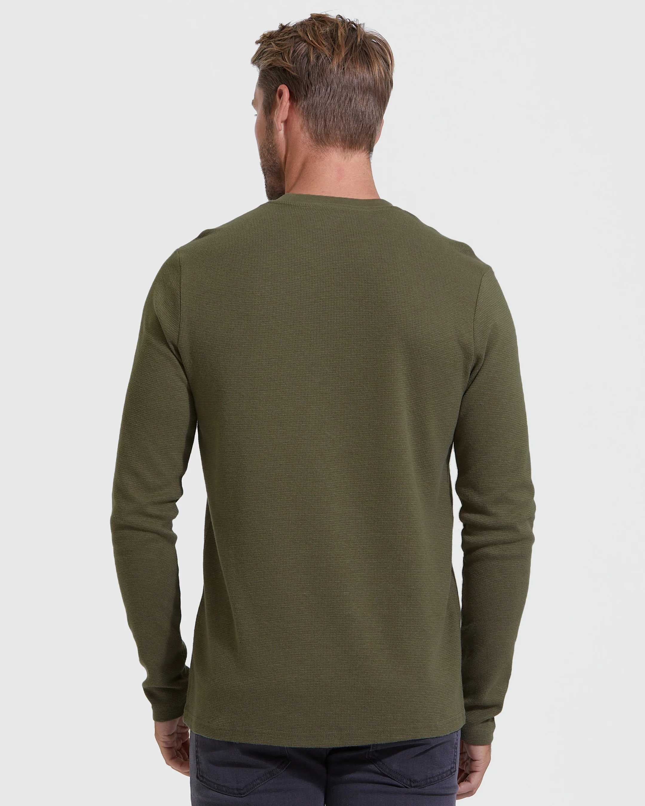 Military Green Waffle Long Sleeve Crew Neck - Image 4