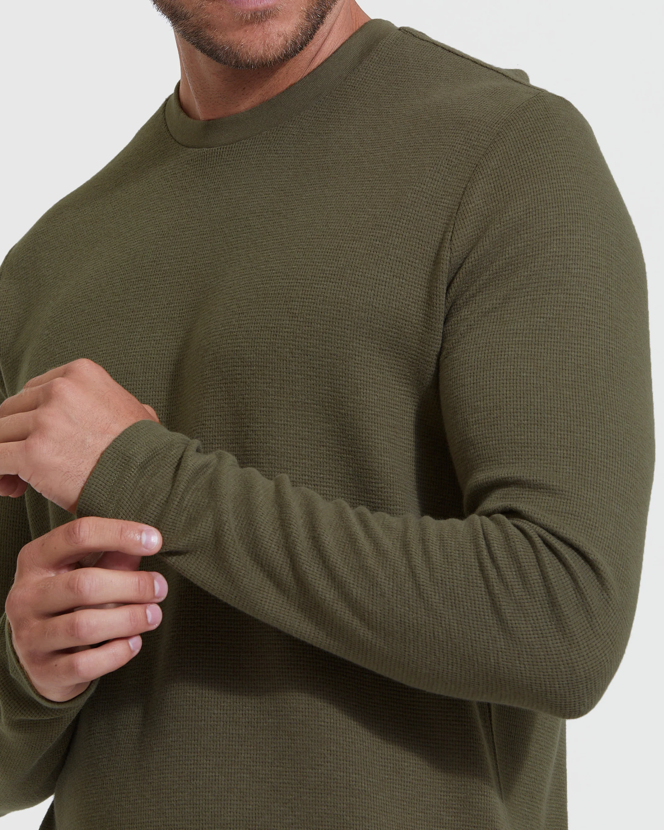 Military Green Waffle Long Sleeve Crew Neck - Image 5