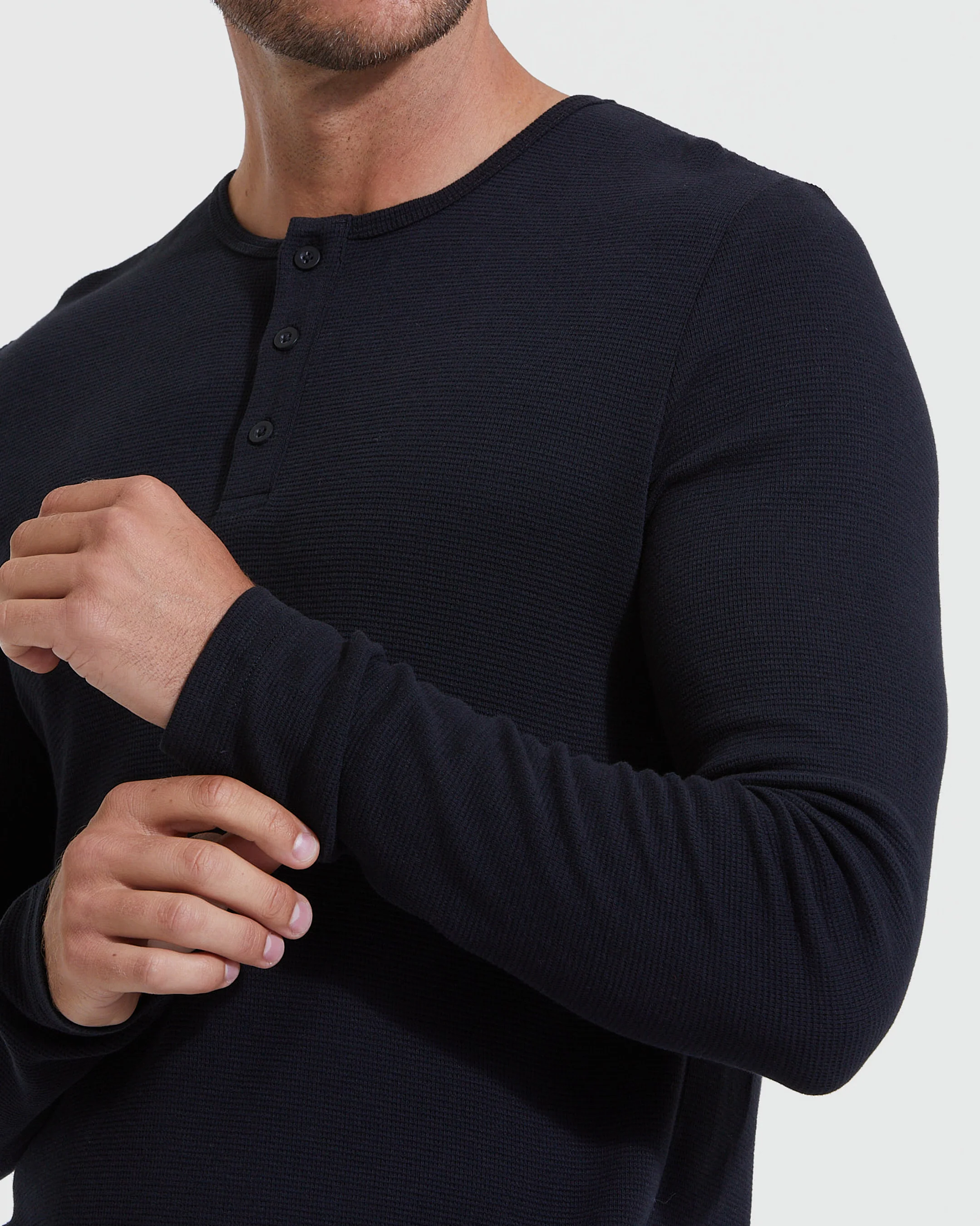 Black Waffle Long Sleeve Henley - Image 5