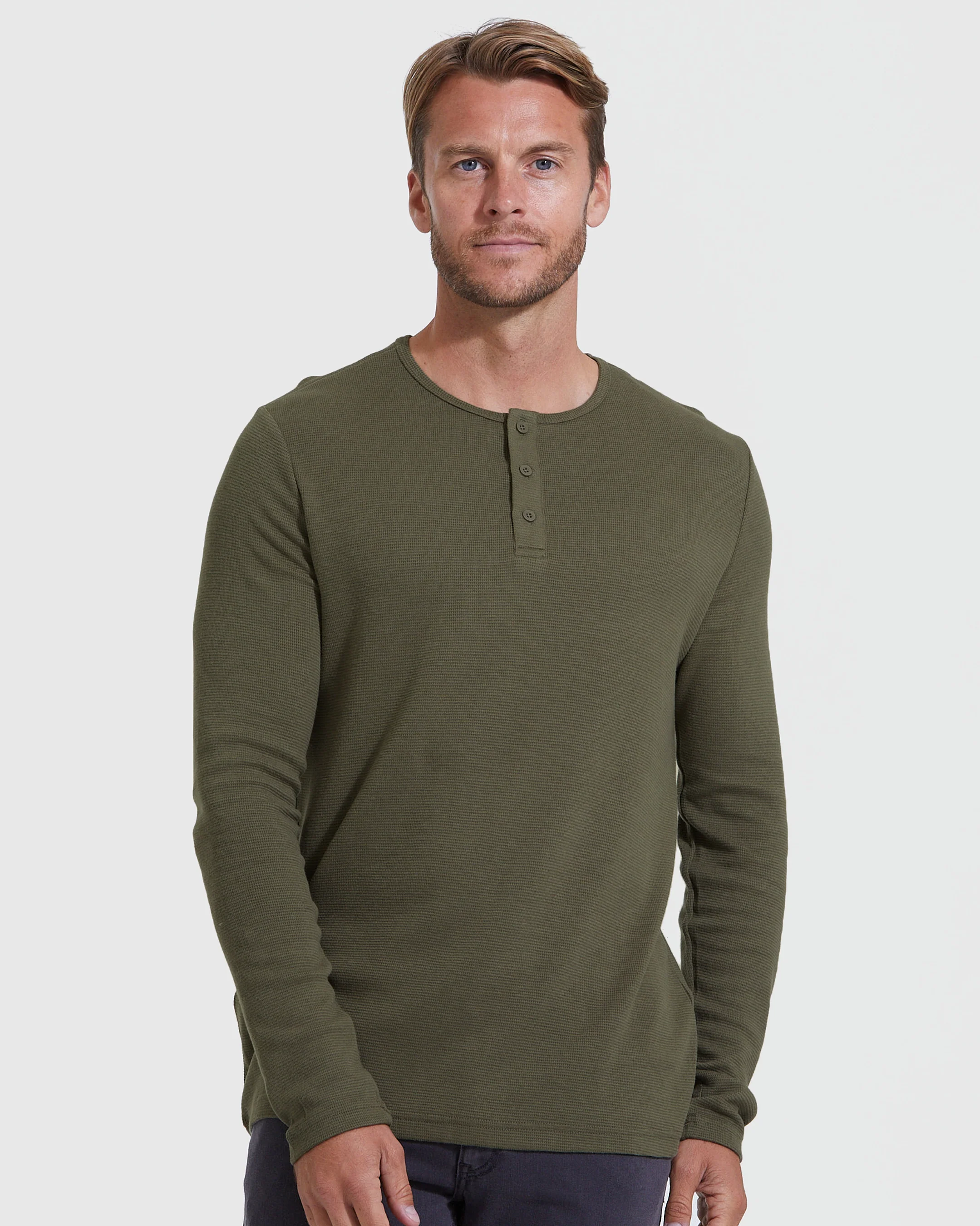 Military Green Waffle Long Sleeve Henley - Image 3