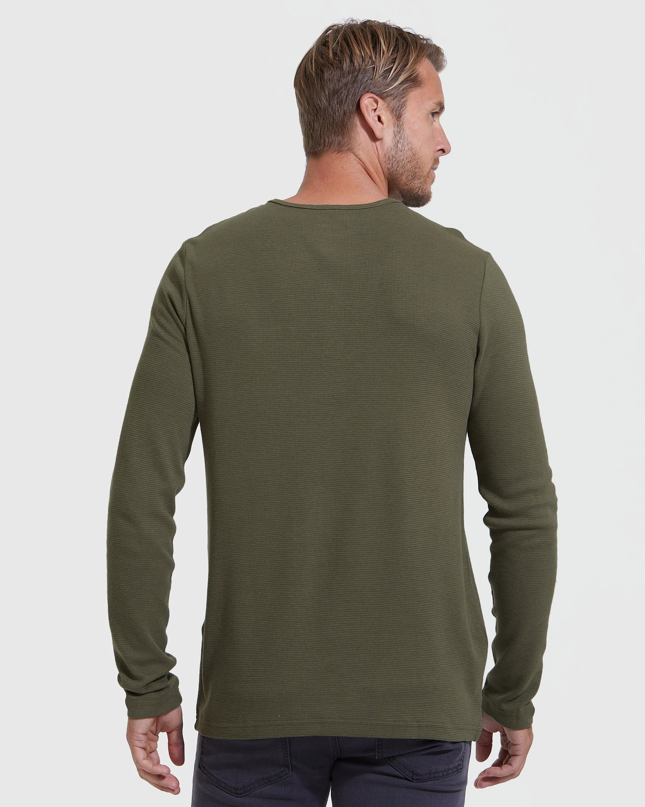 Military Green Waffle Long Sleeve Henley - Image 4