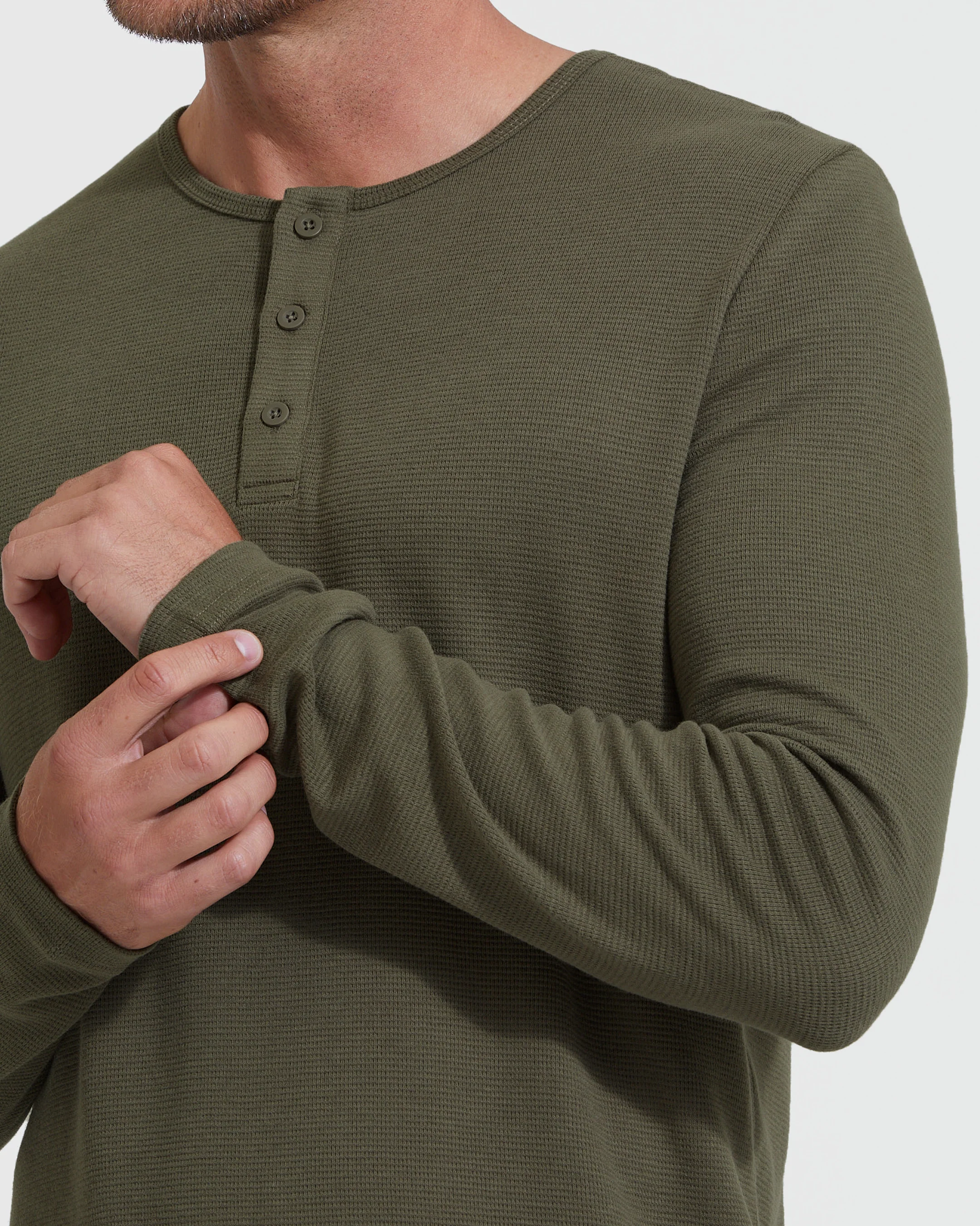 Military Green Waffle Long Sleeve Henley - Image 5