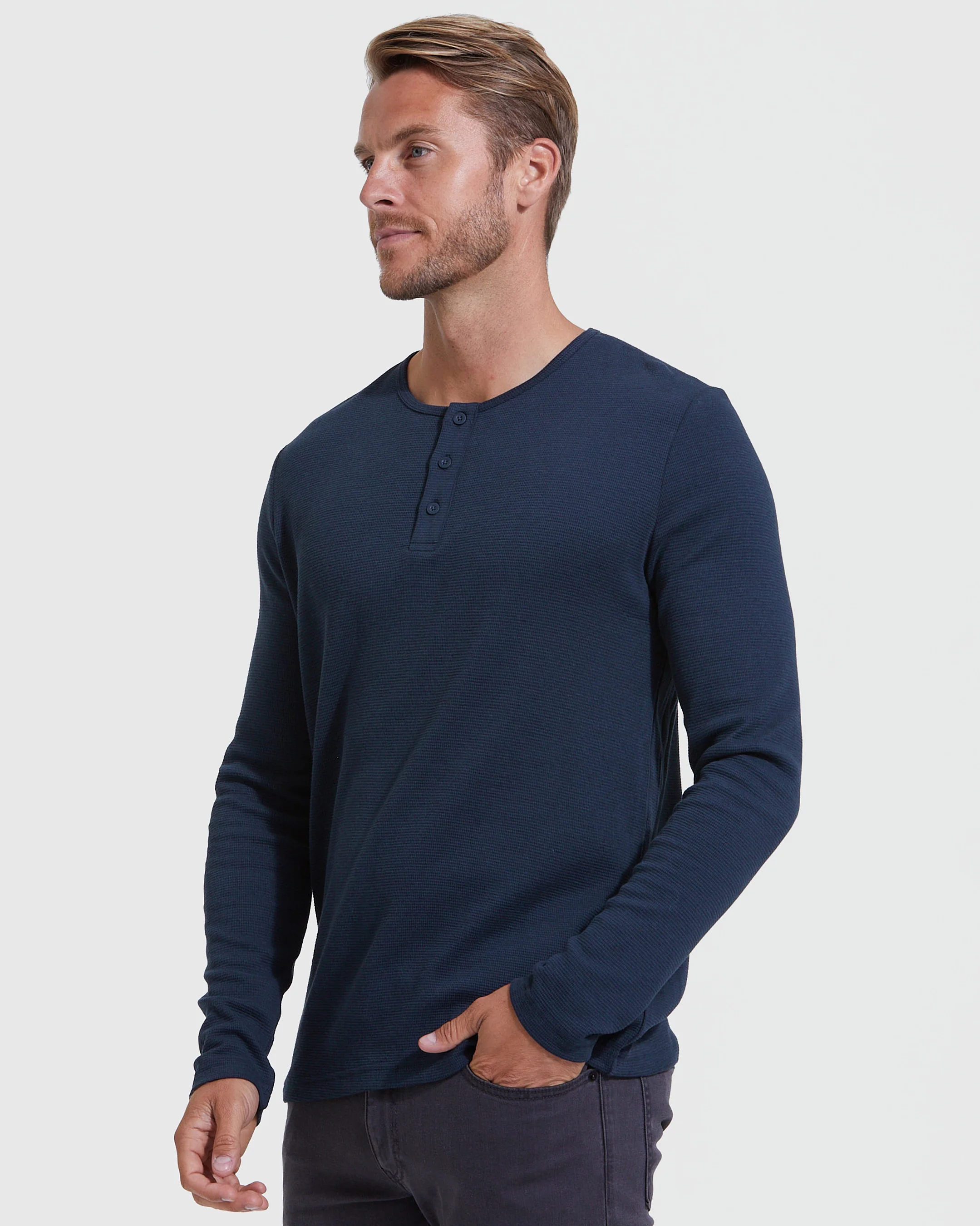 Navy Waffle Long Sleeve Henley - Image 3