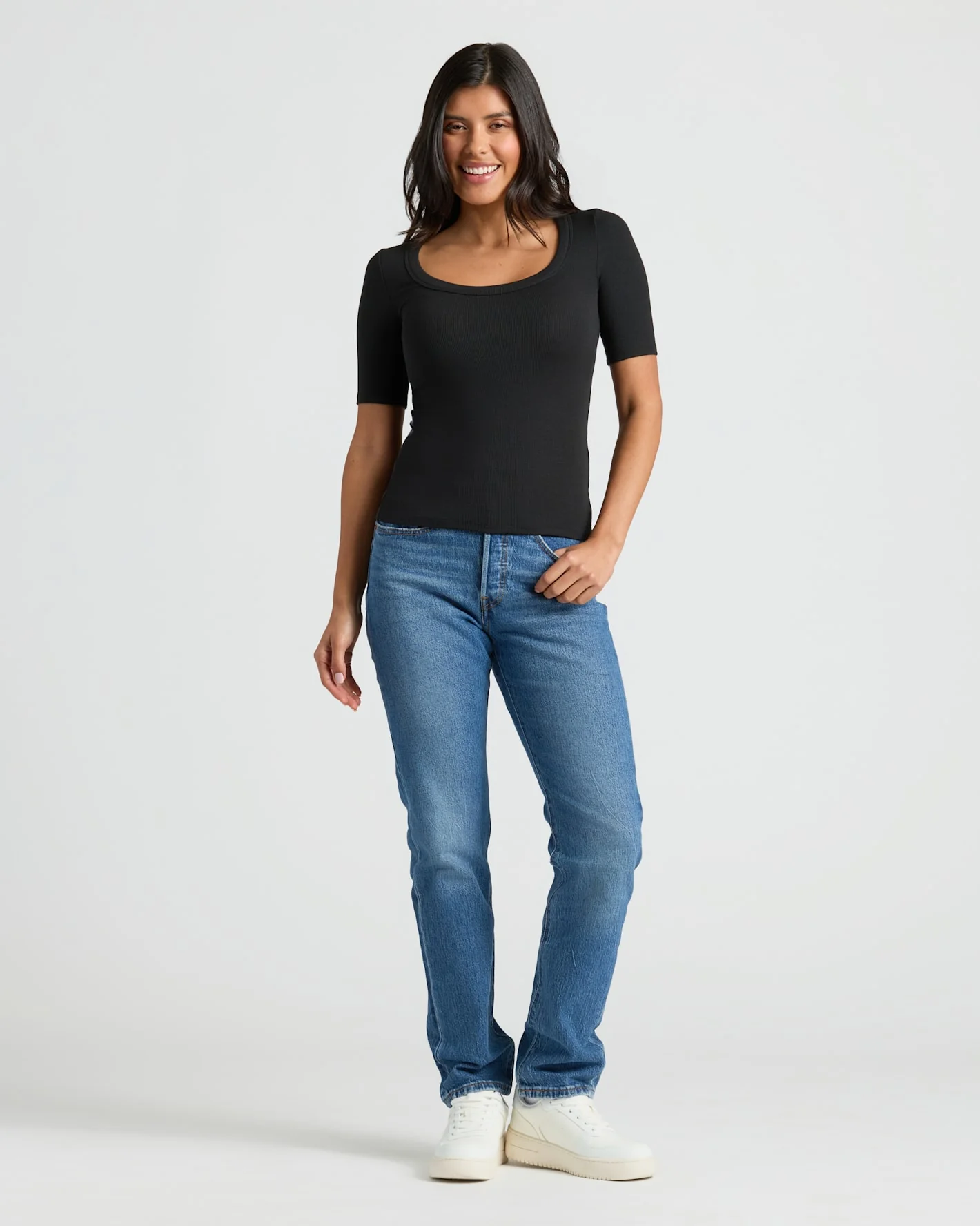 Womens Black Ribbed 3/4 Sleeve Scoop Neck Tee - Image 3